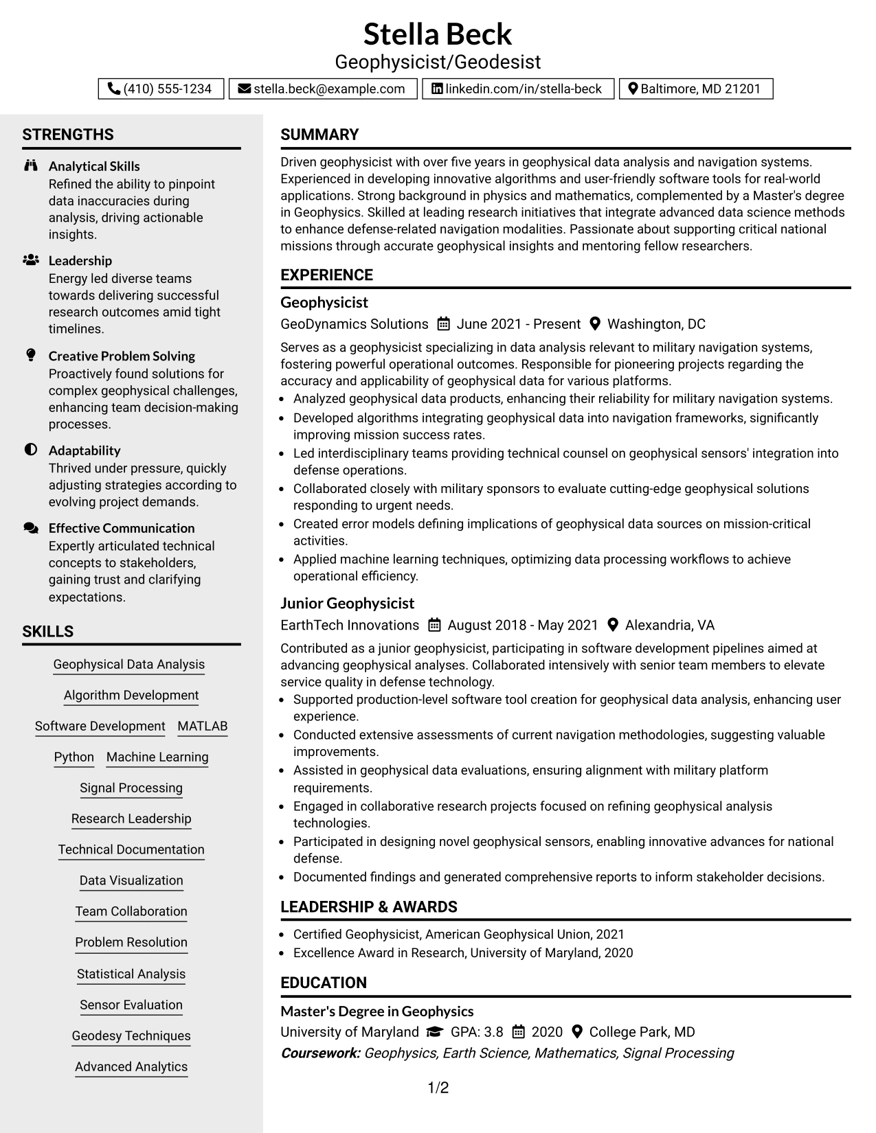 Resume Example Page 1