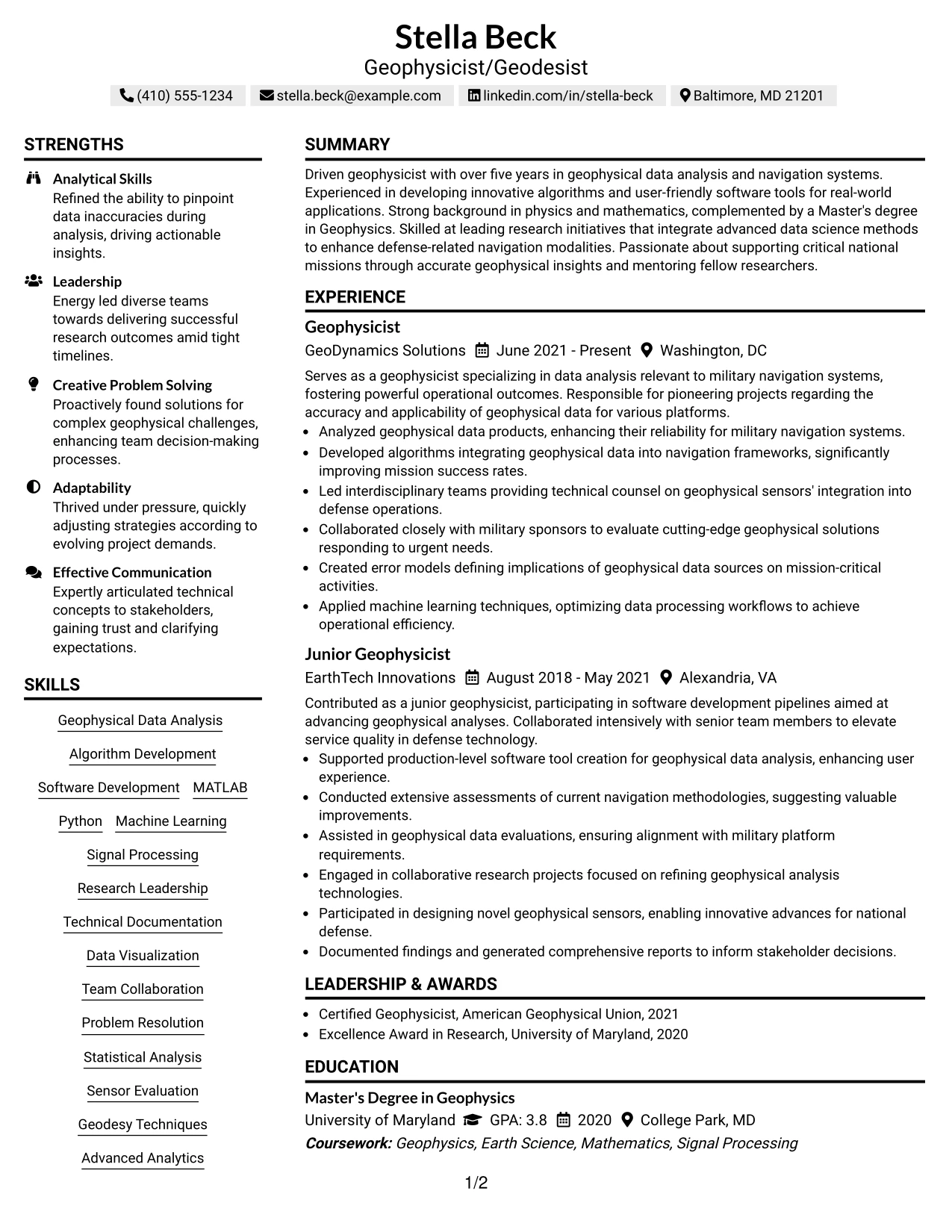 Resume Example Page 1