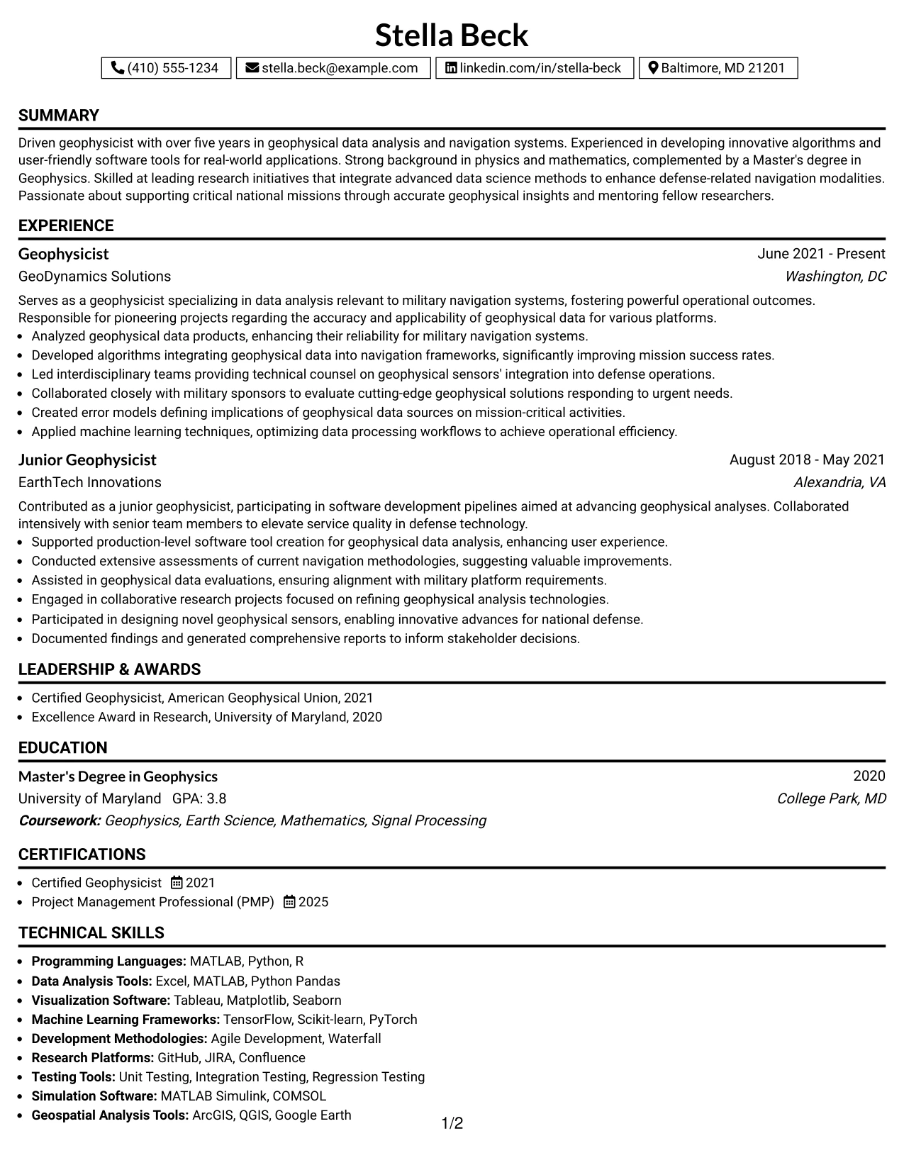Resume Example Page 1