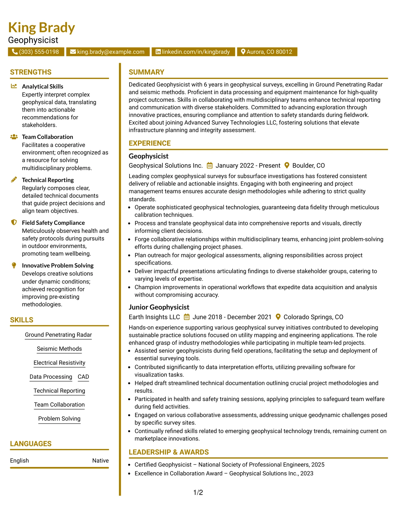 Resume Example Page 1