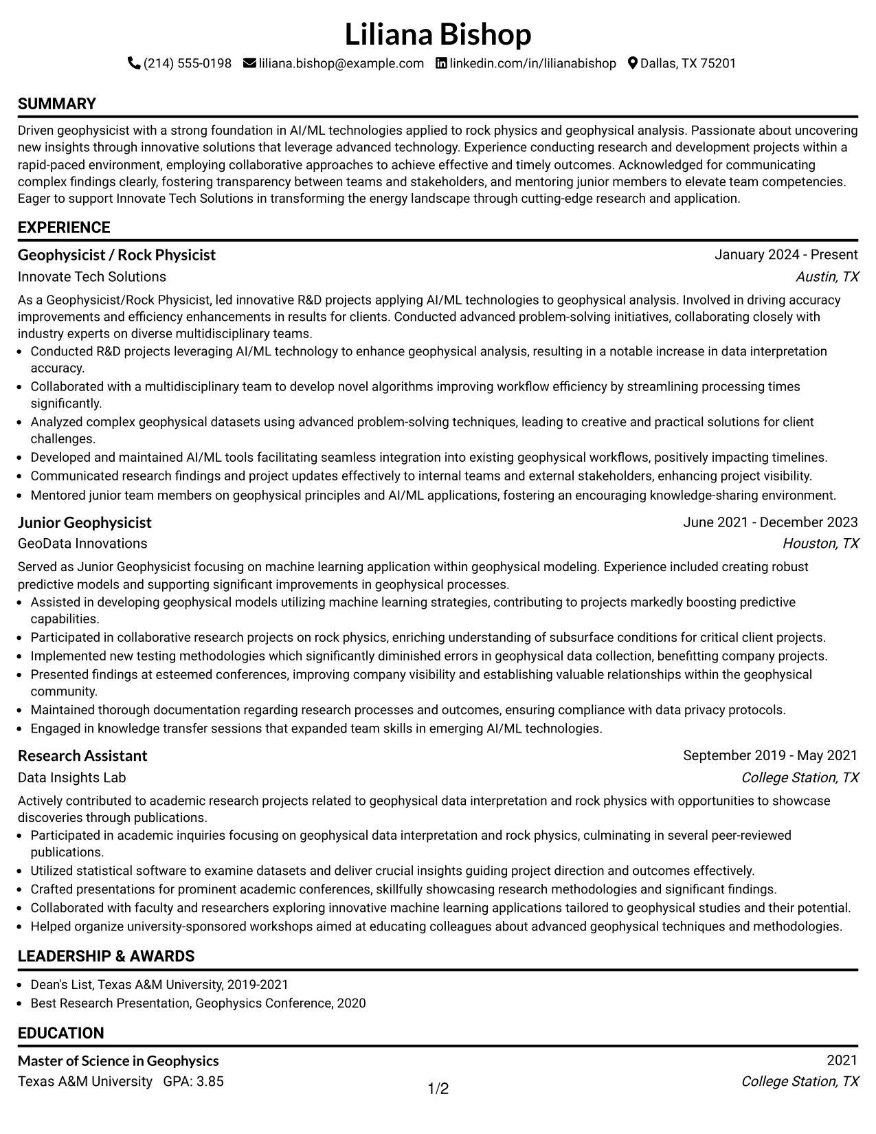 Resume Example Page 1