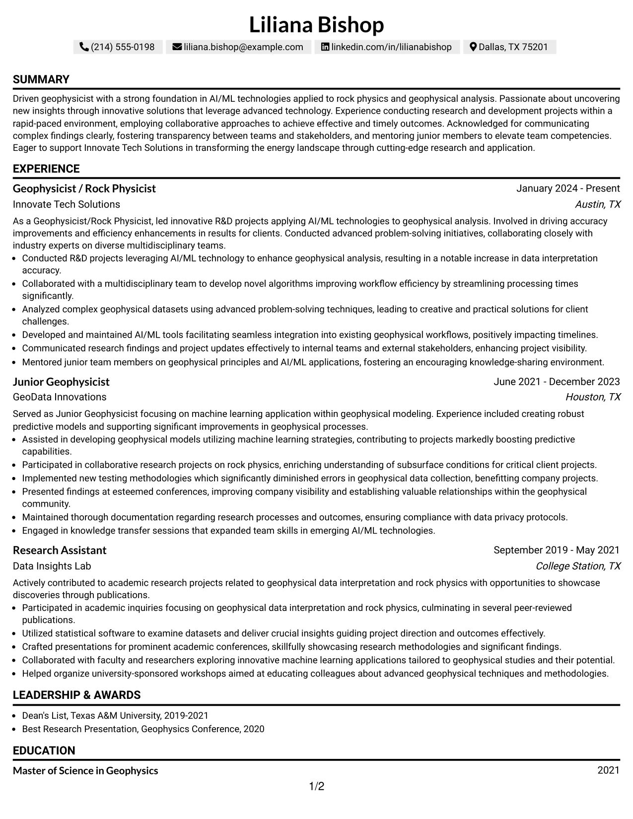 Resume Example Page 1