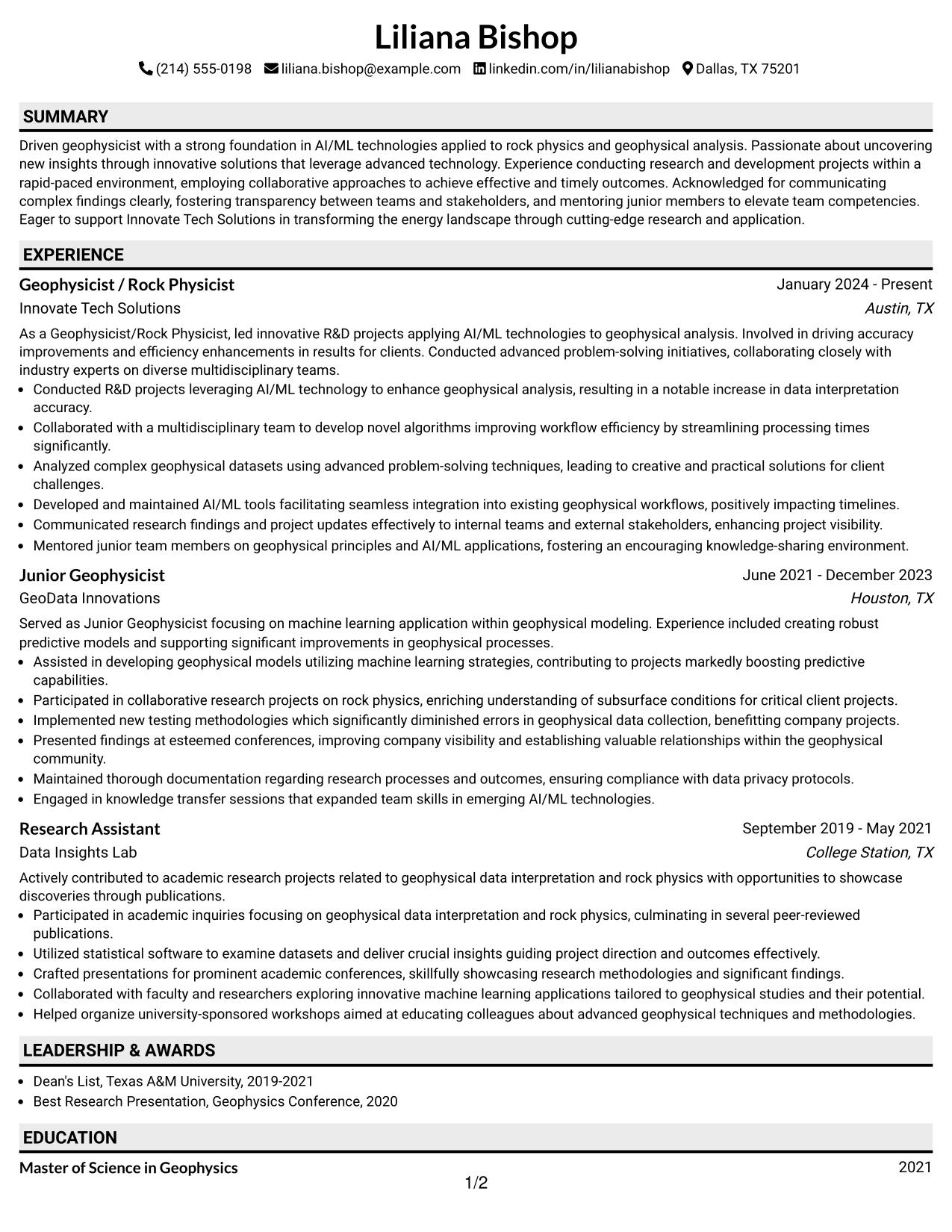 Resume Example Page 1
