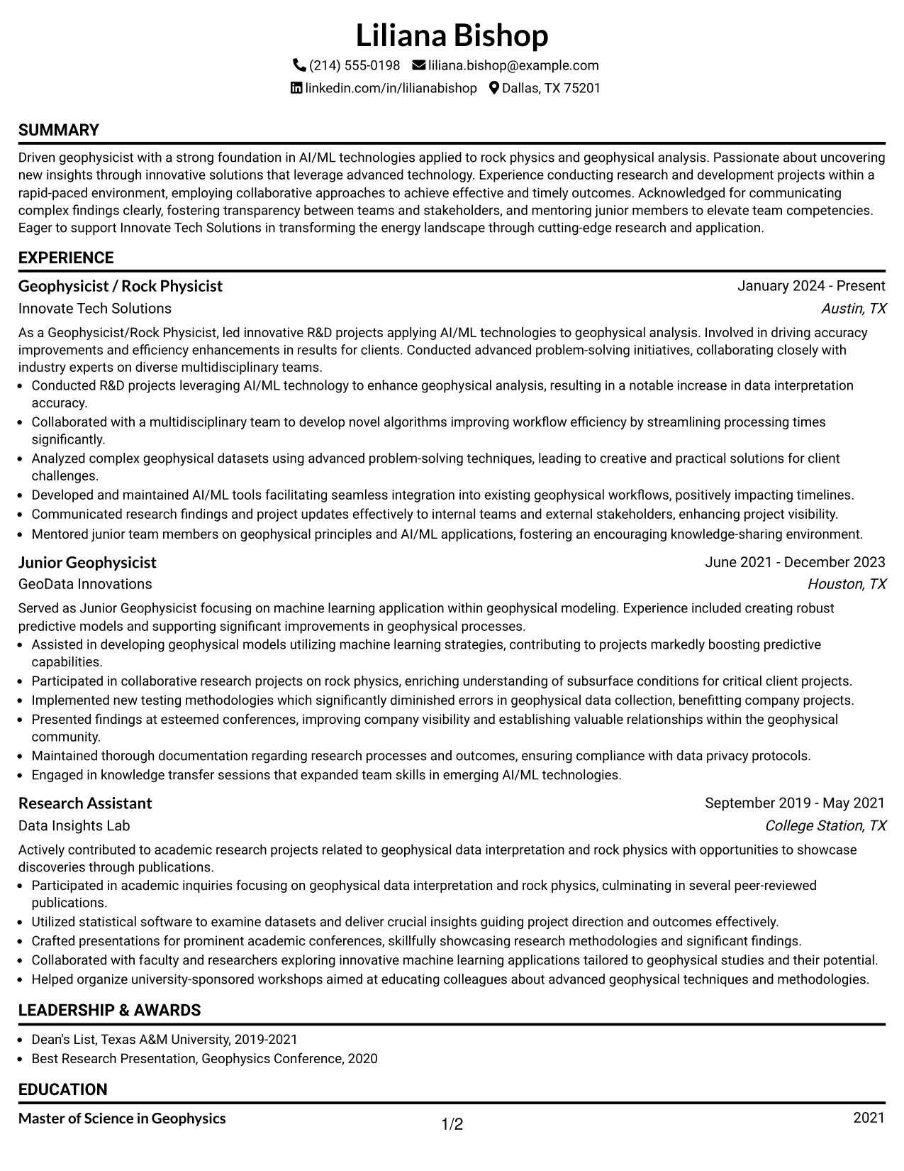 Resume Example Page 1
