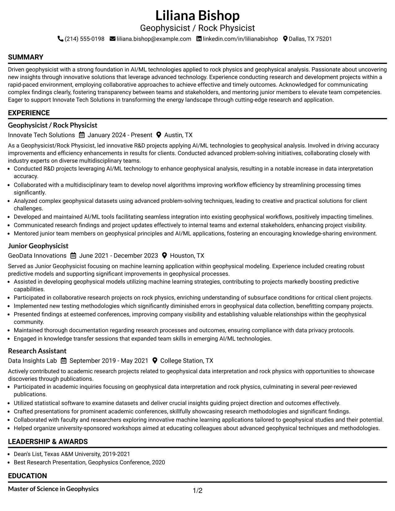 Resume Example Page 1