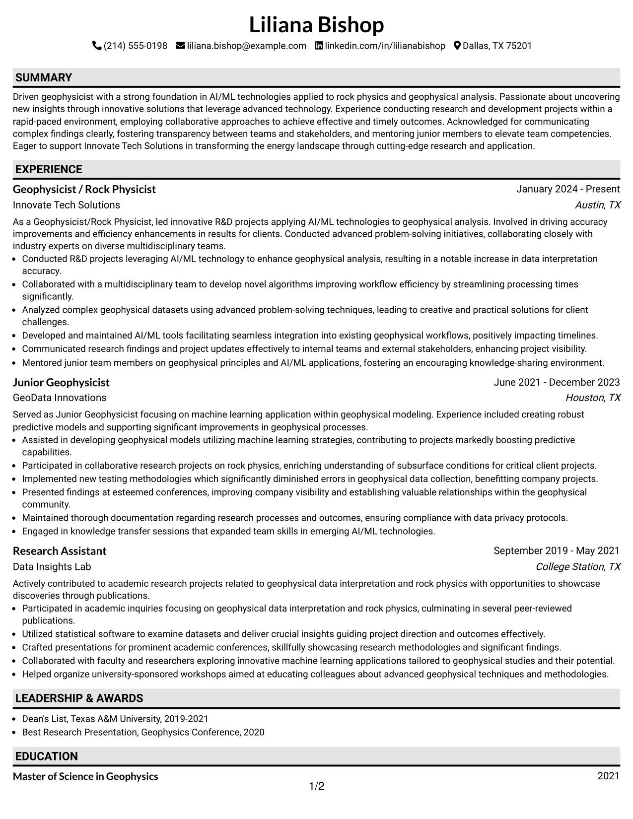 Resume Example Page 1