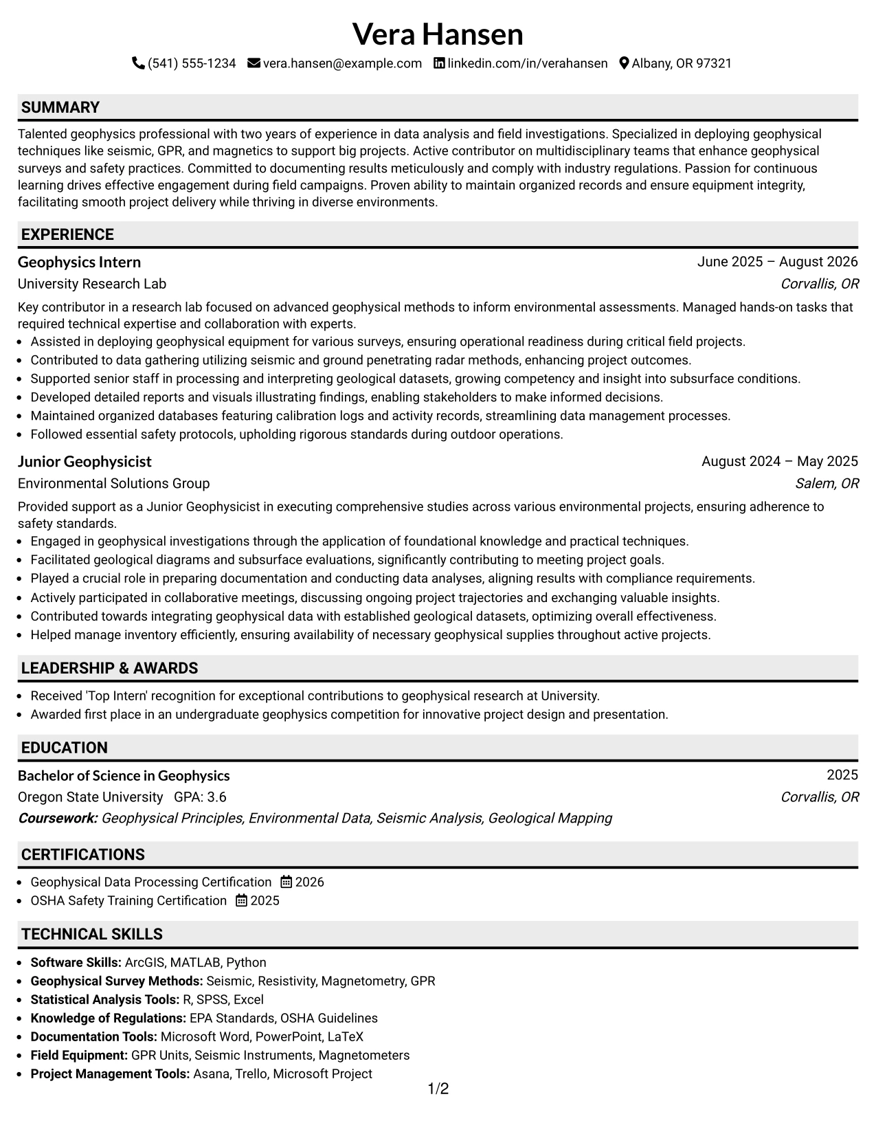 Resume Example Page 1