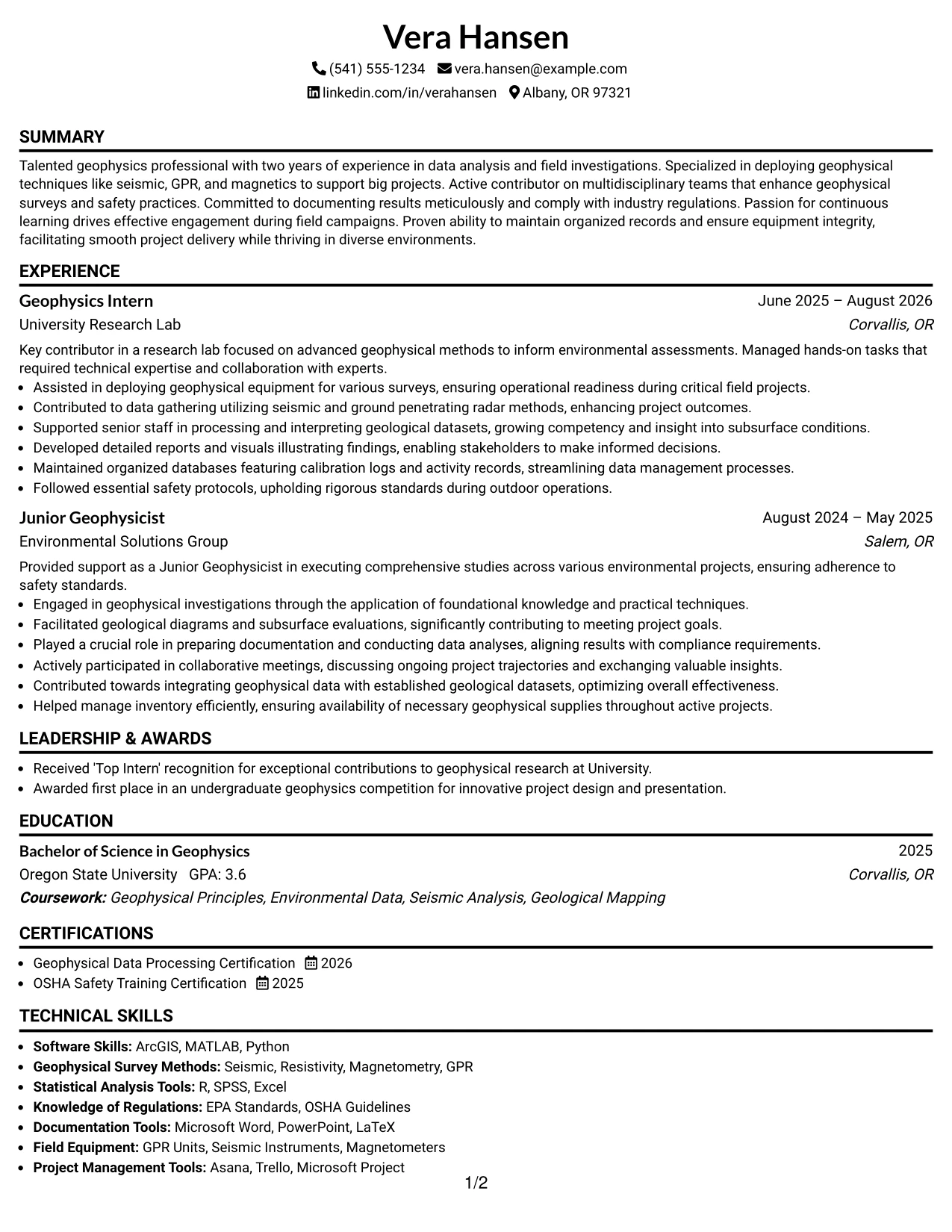 Resume Example Page 1