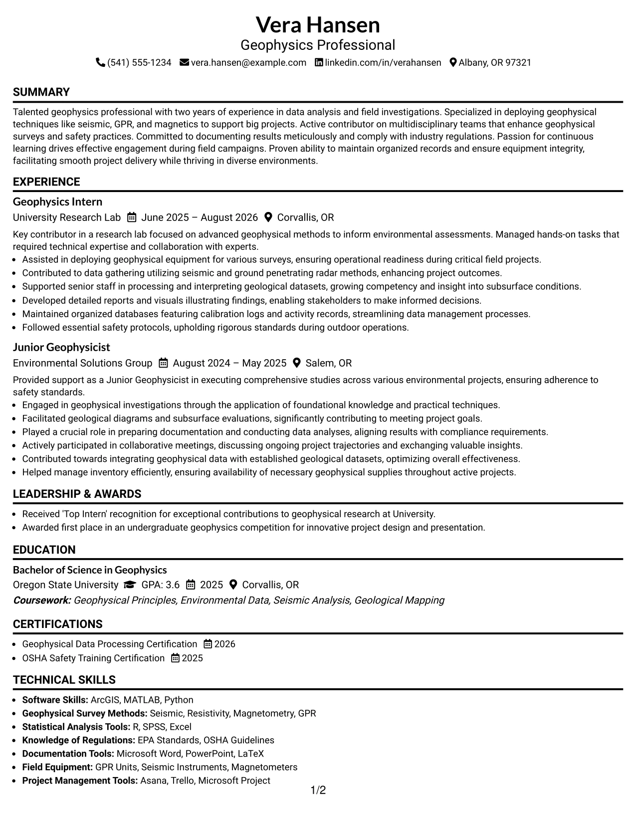 Resume Example Page 1