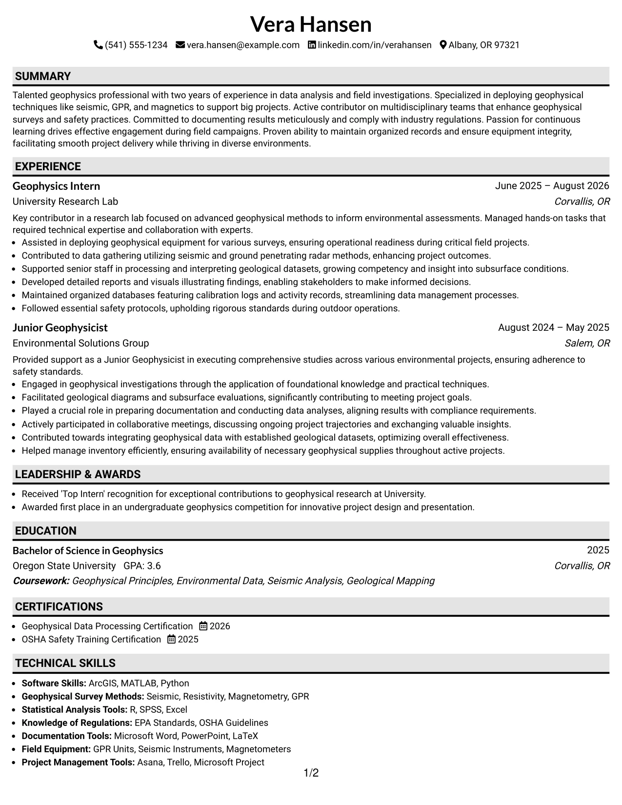 Resume Example Page 1