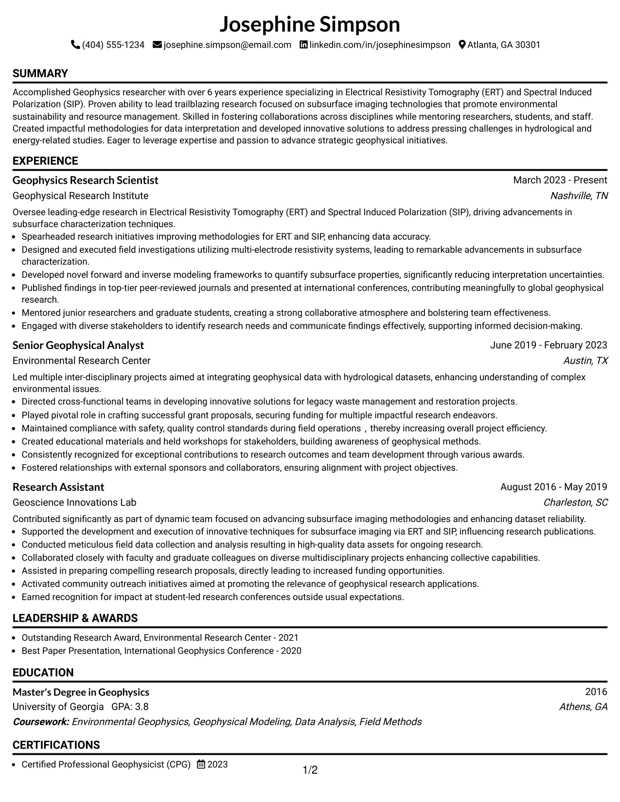 Resume Example Page 1