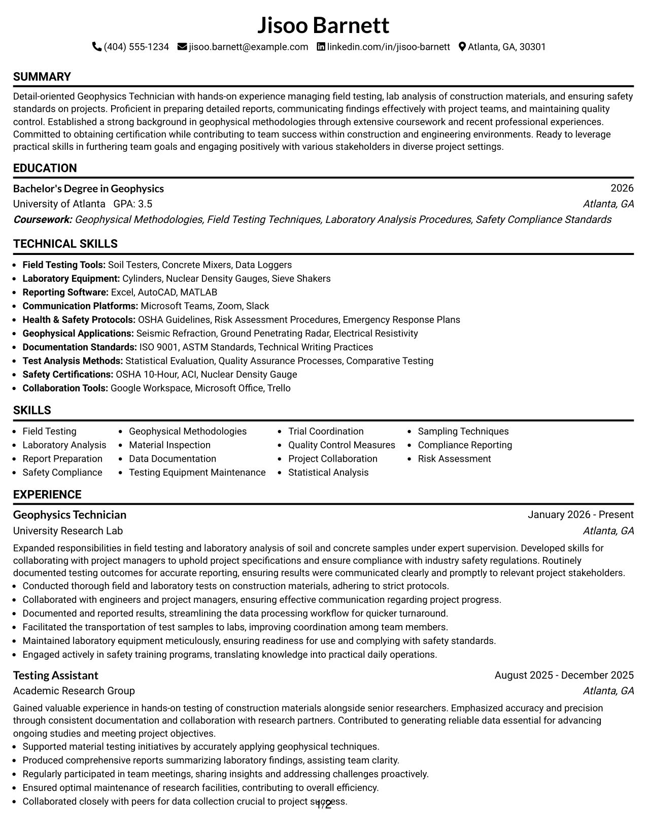 Resume Example Page 1