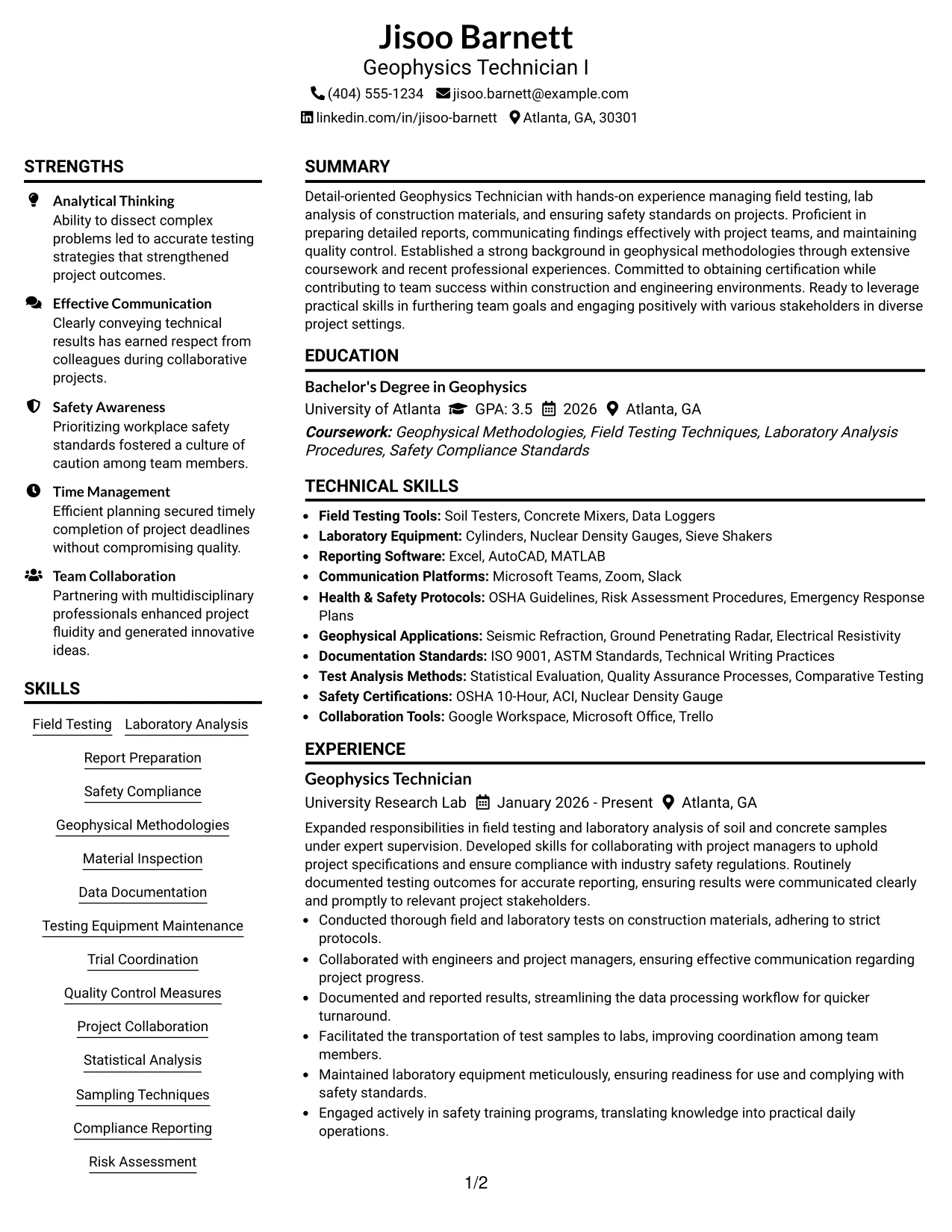 Resume Example Page 1
