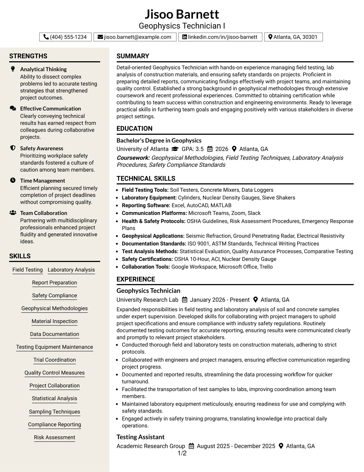Resume Example Page 1