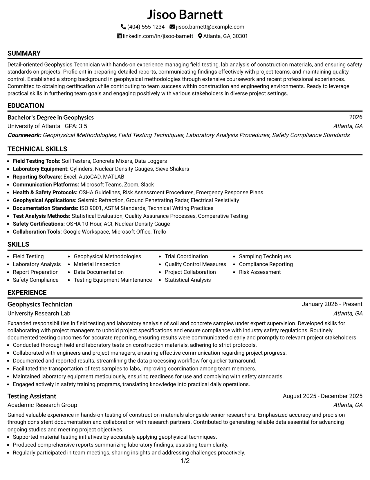 Resume Example Page 1