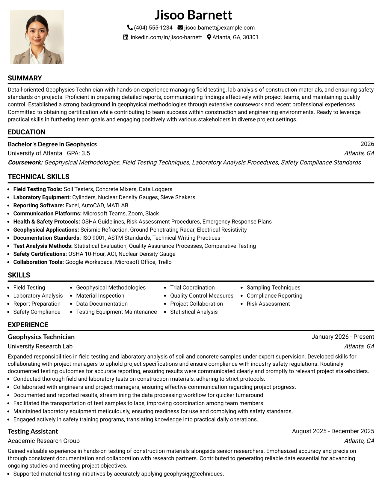 Resume Example Page 1