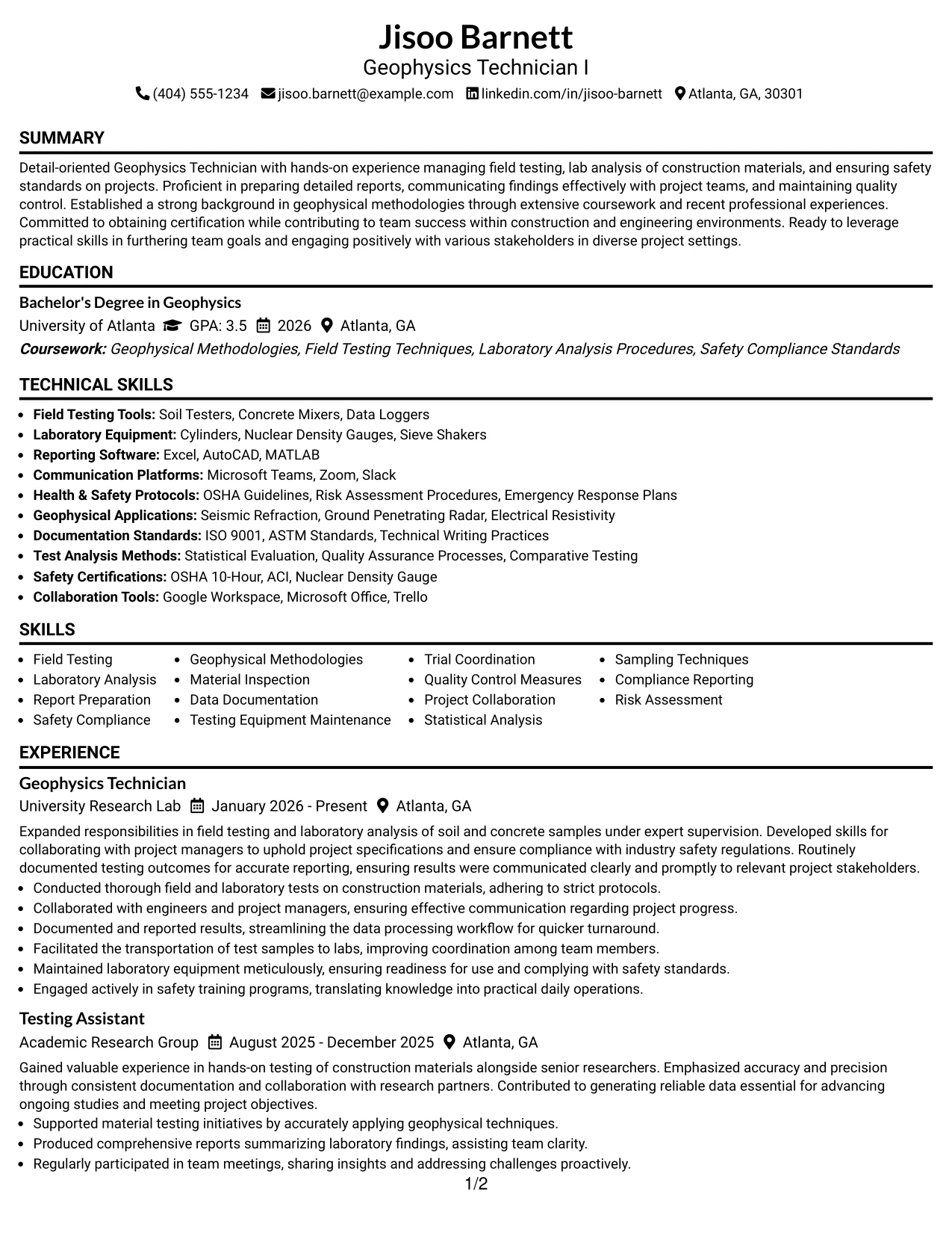 Resume Example Page 1