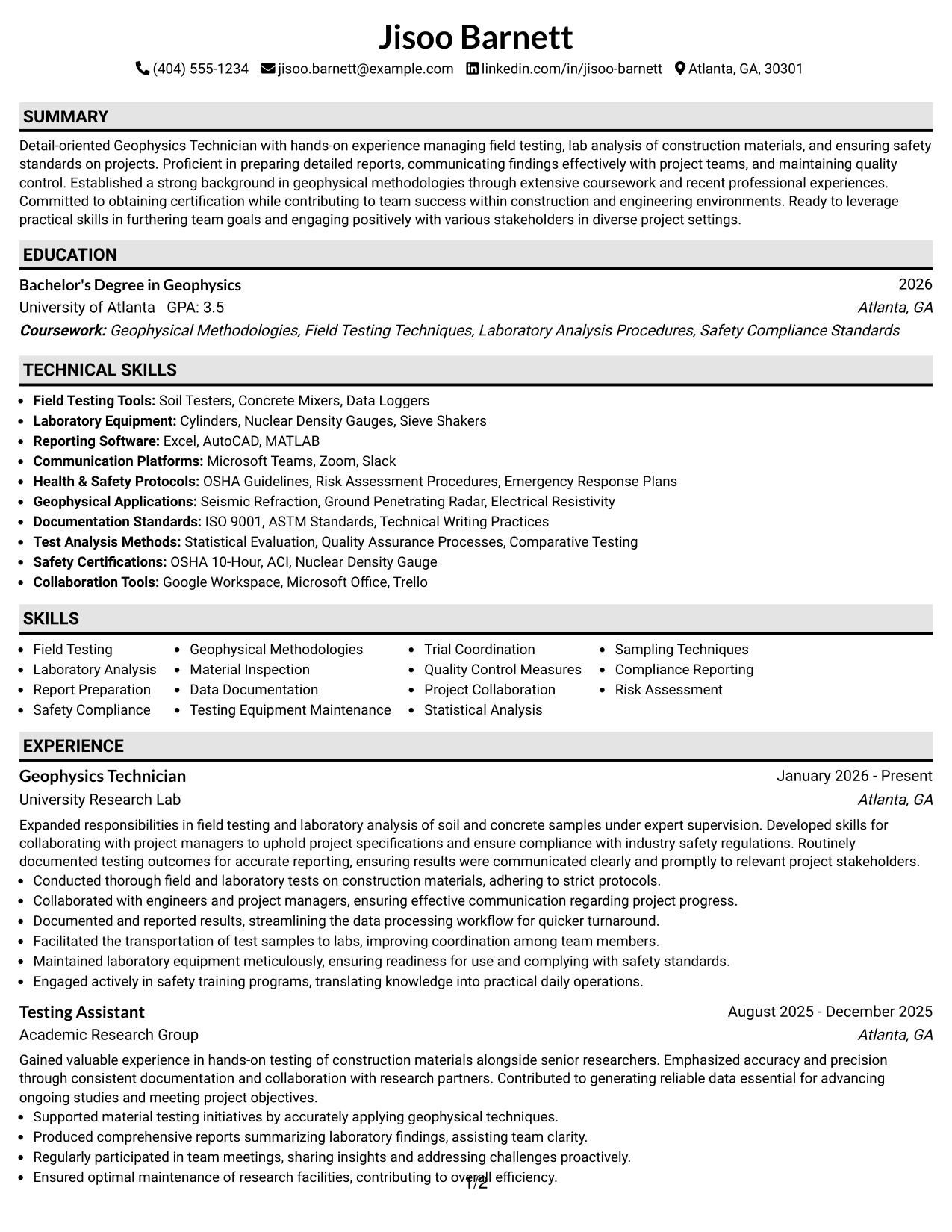 Resume Example Page 1