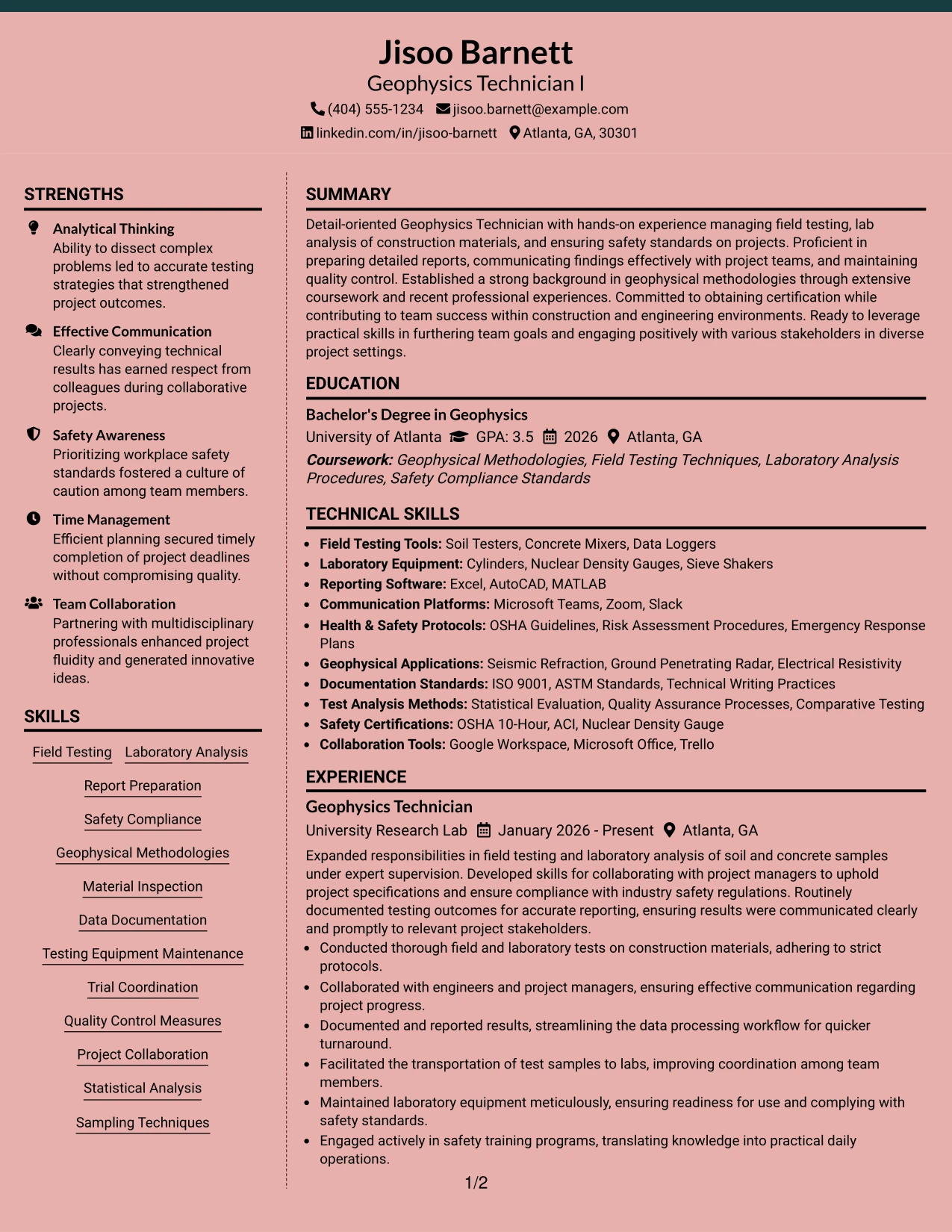 Resume Example Page 1