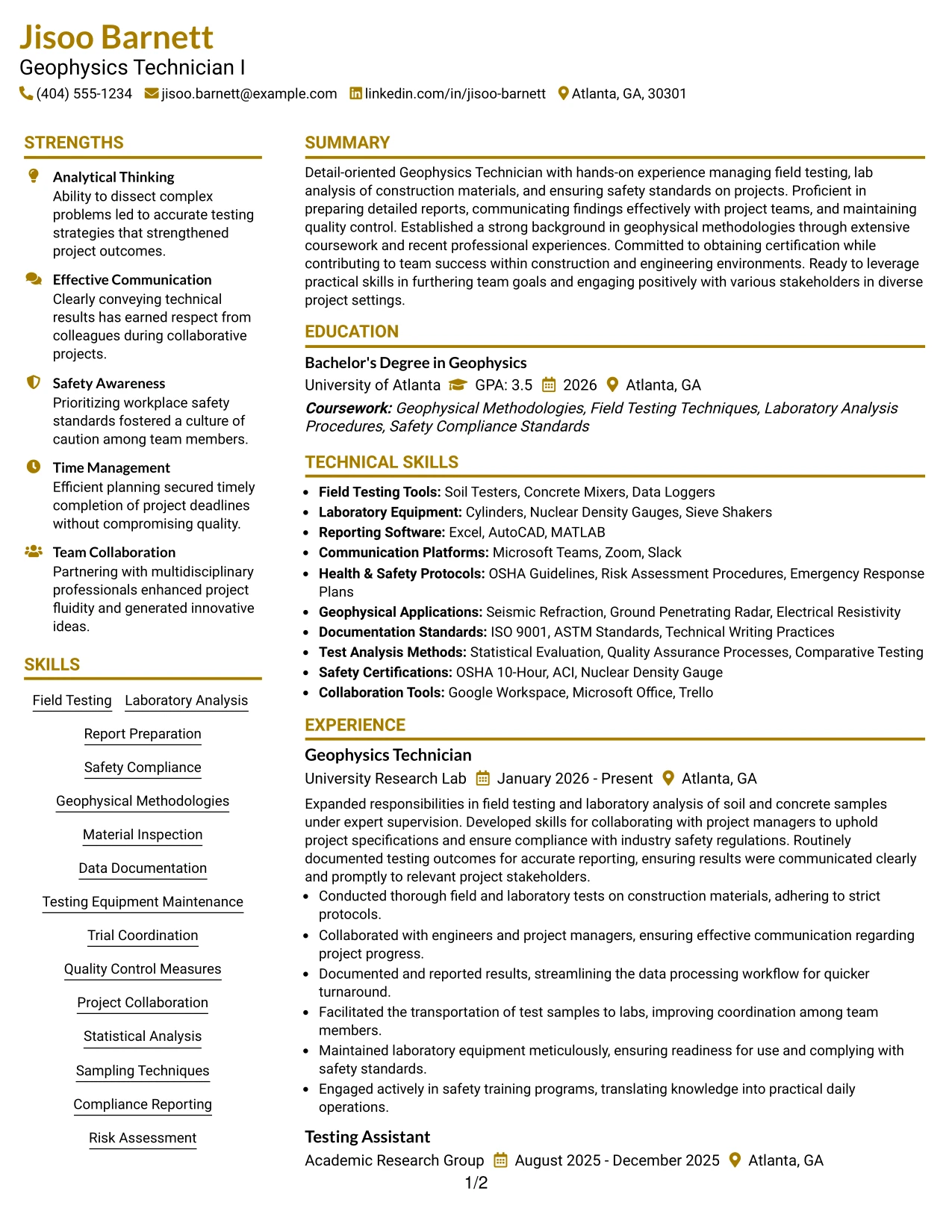 Resume Example Page 1