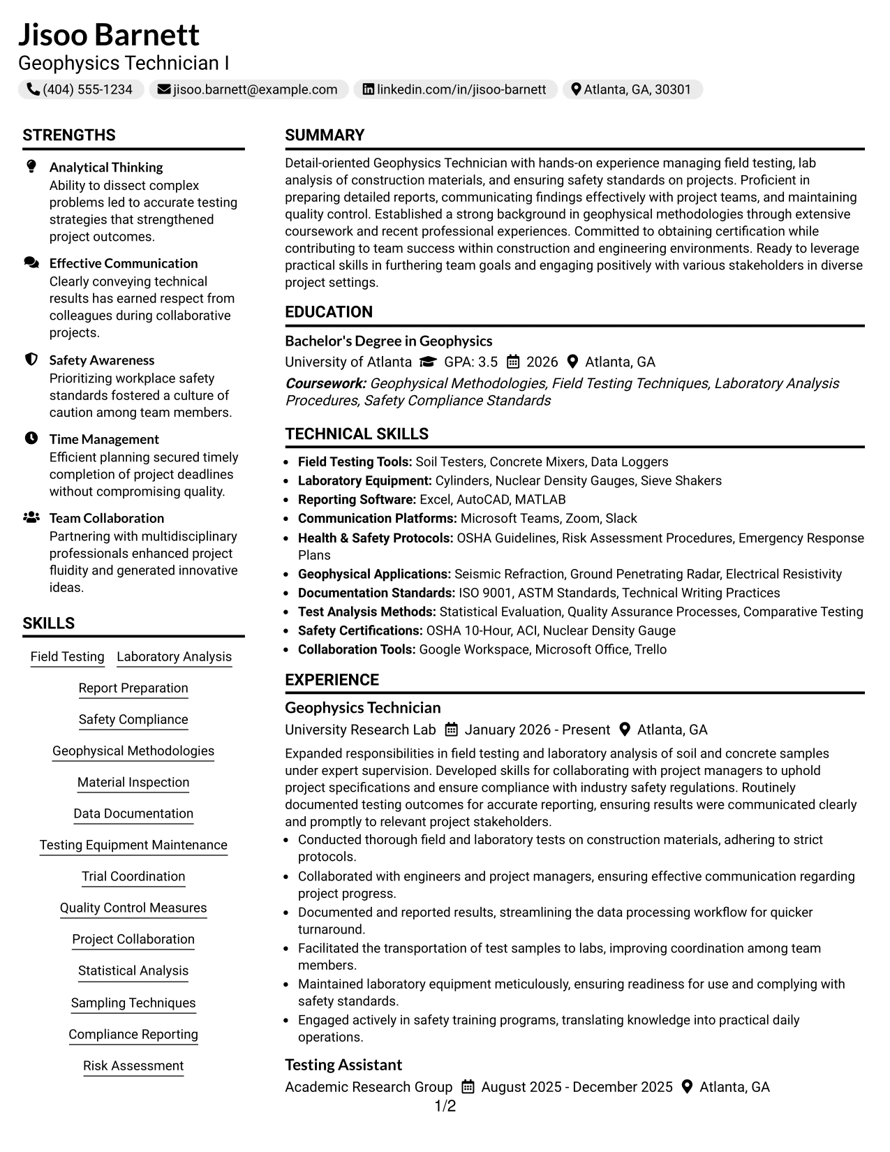 Resume Example Page 1