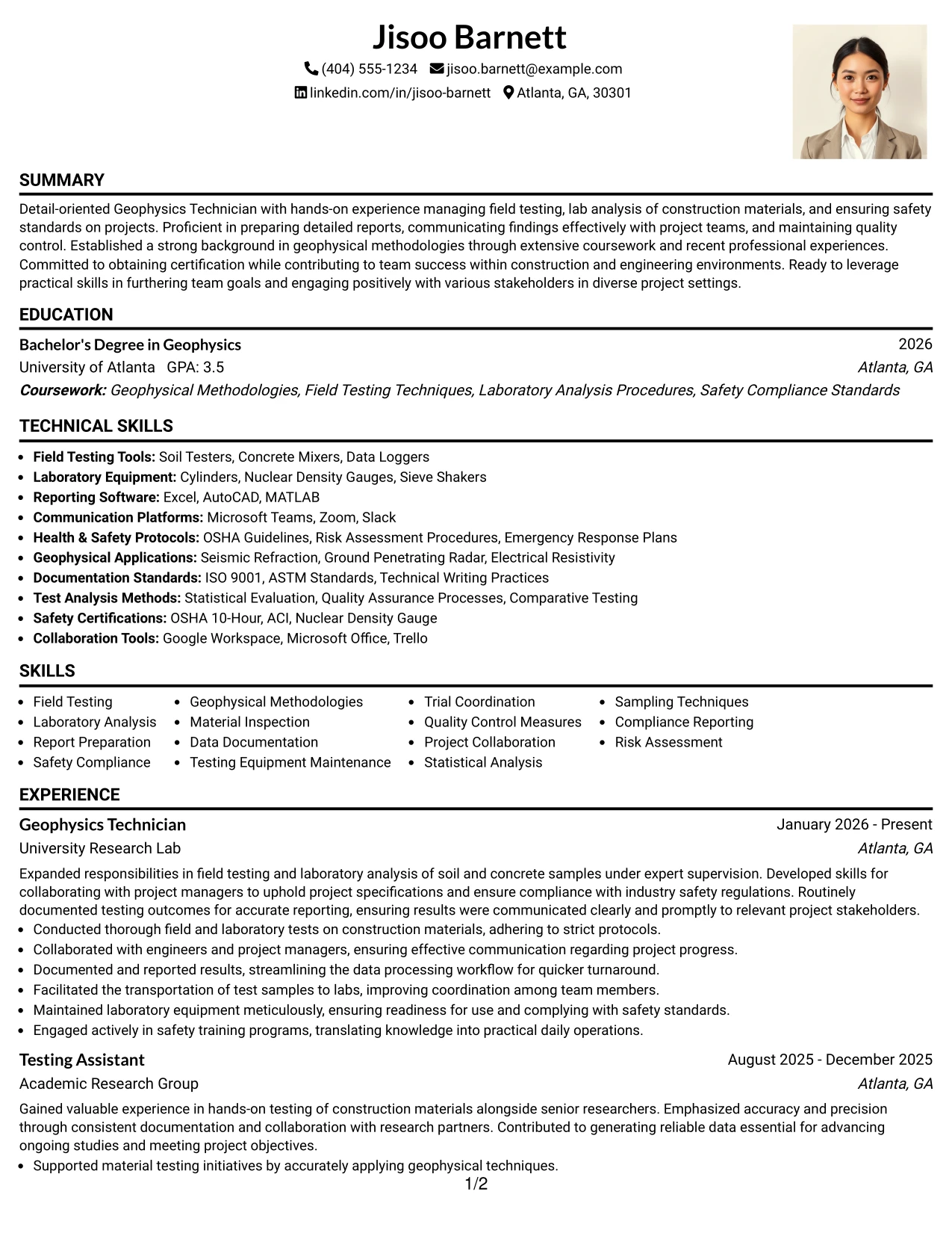 Resume Example Page 1