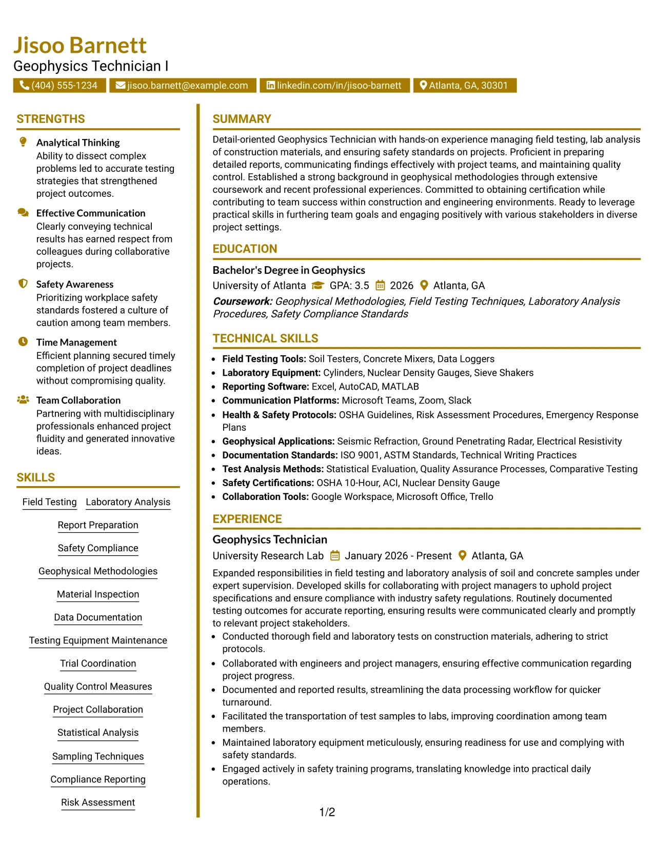 Resume Example Page 1