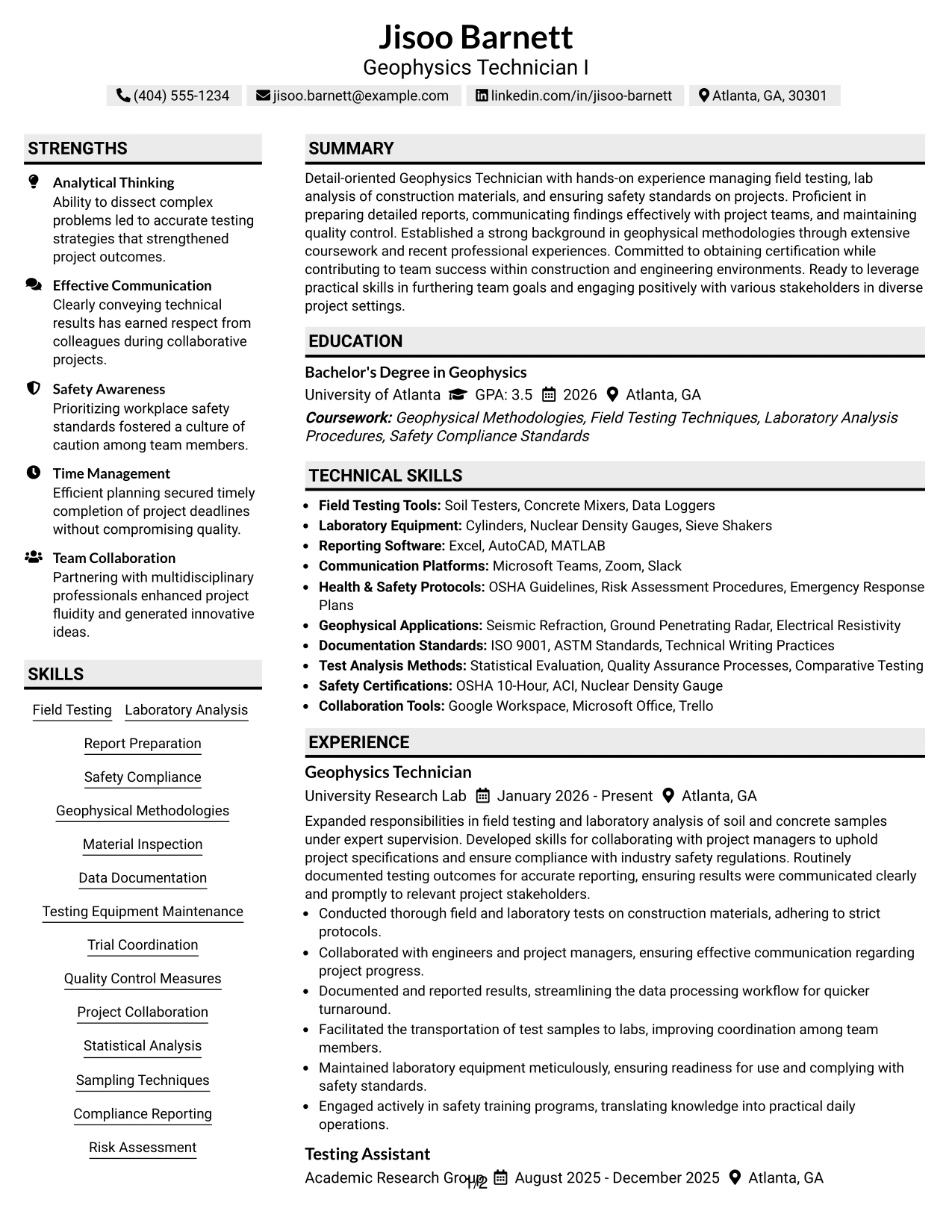 Resume Example Page 1