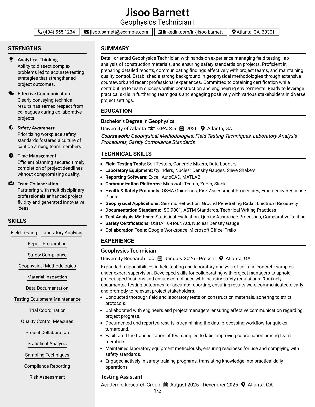 Resume Example Page 1