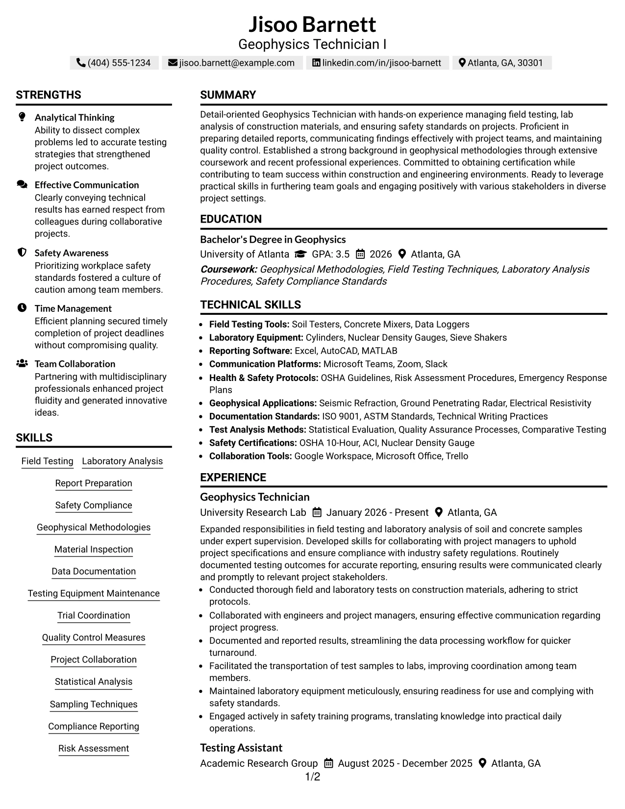 Resume Example Page 1