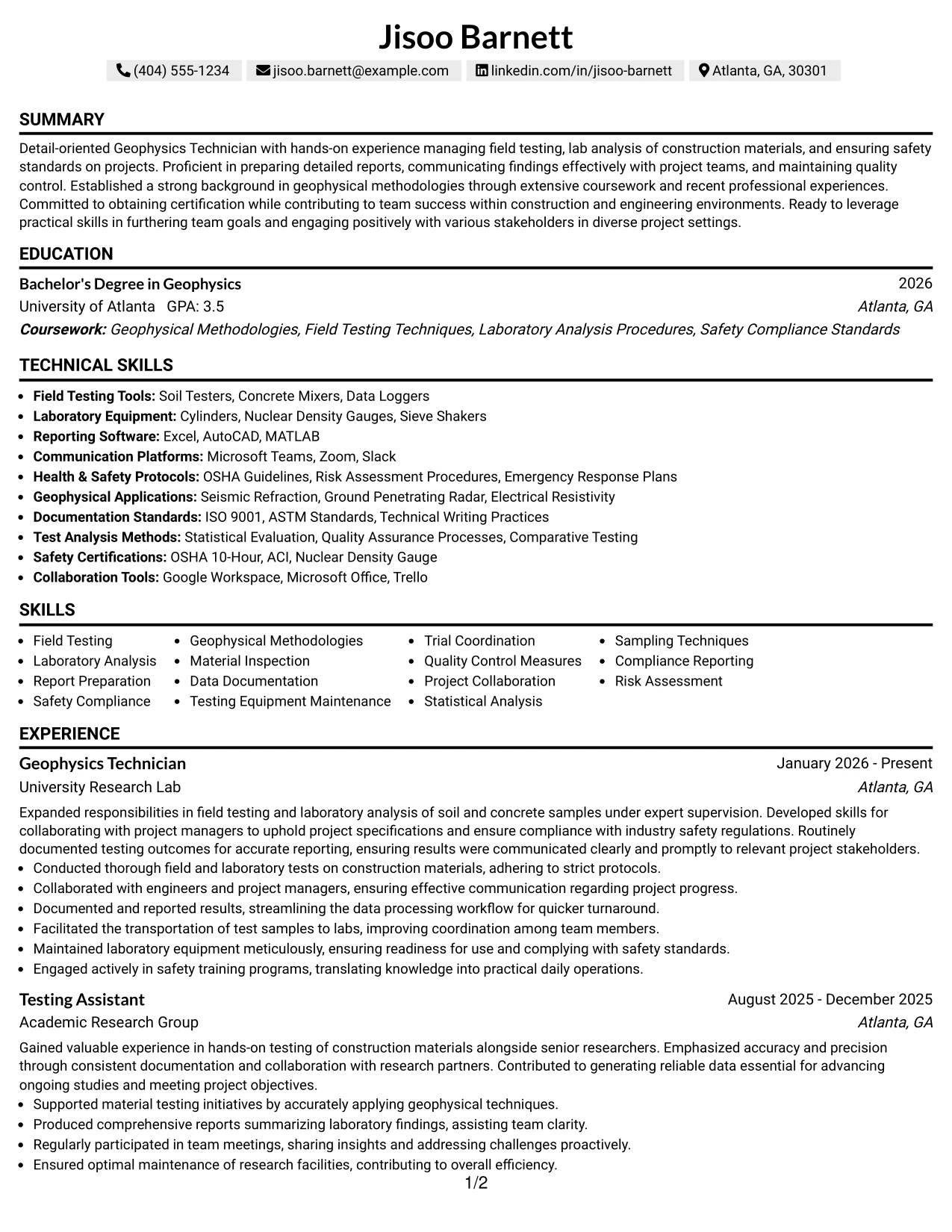 Resume Example Page 1