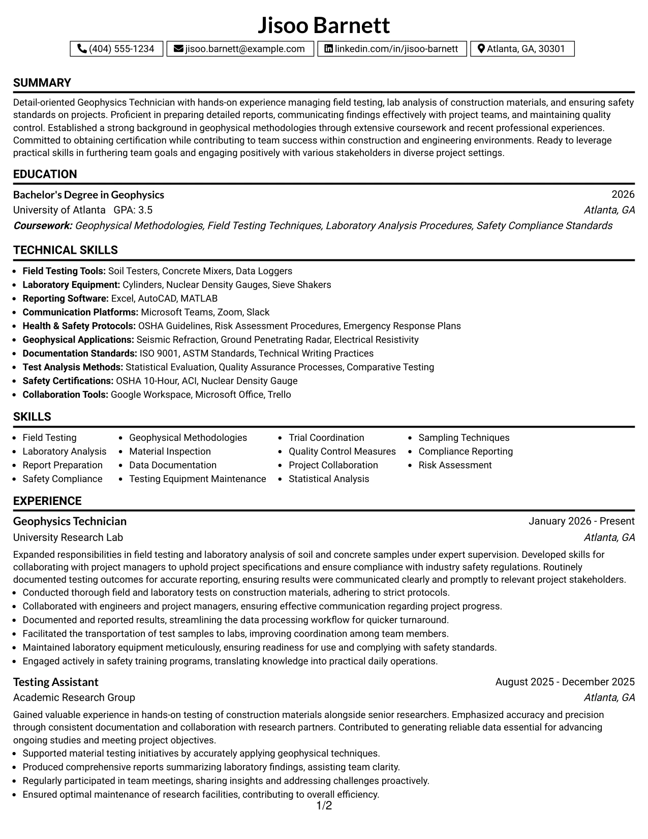 Resume Example Page 1
