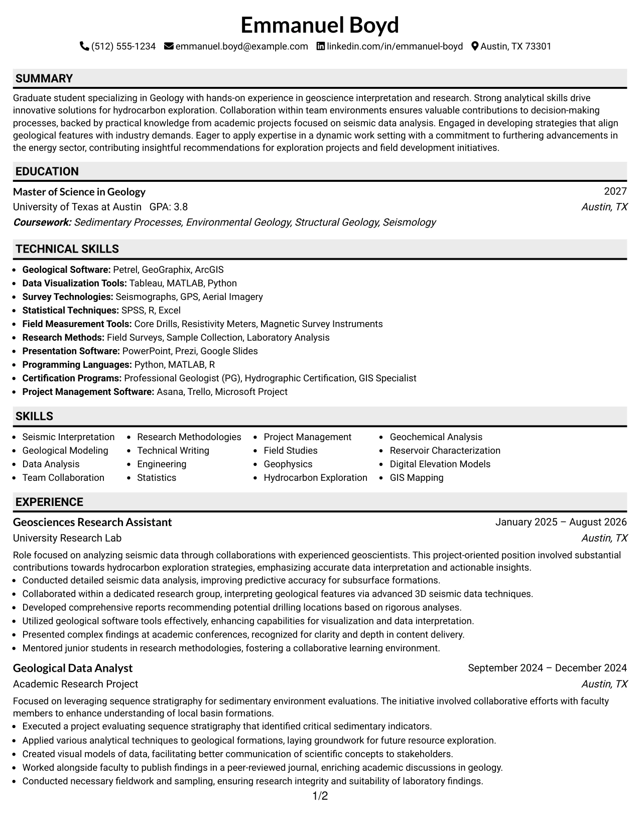 Resume Example Page 1