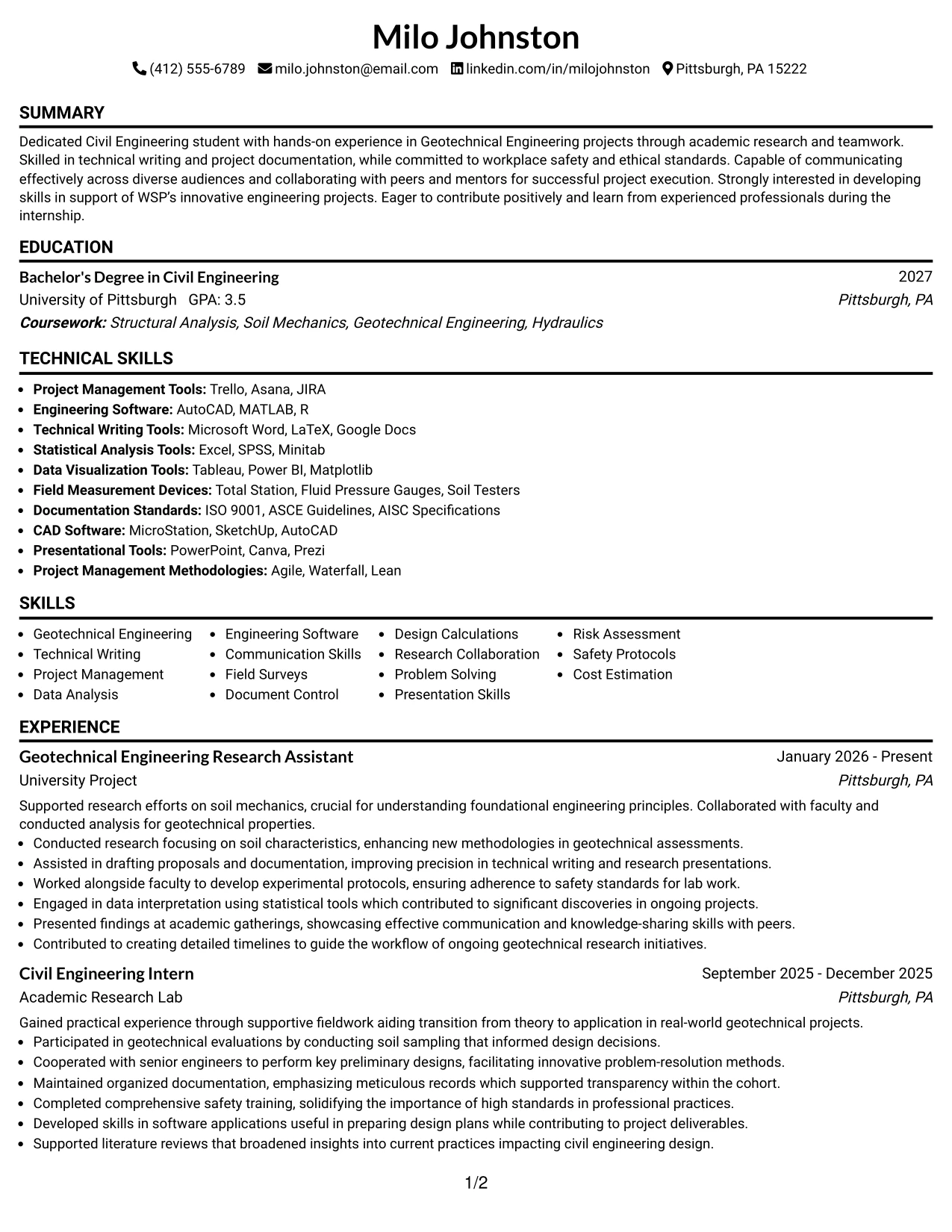Resume Example Page 1