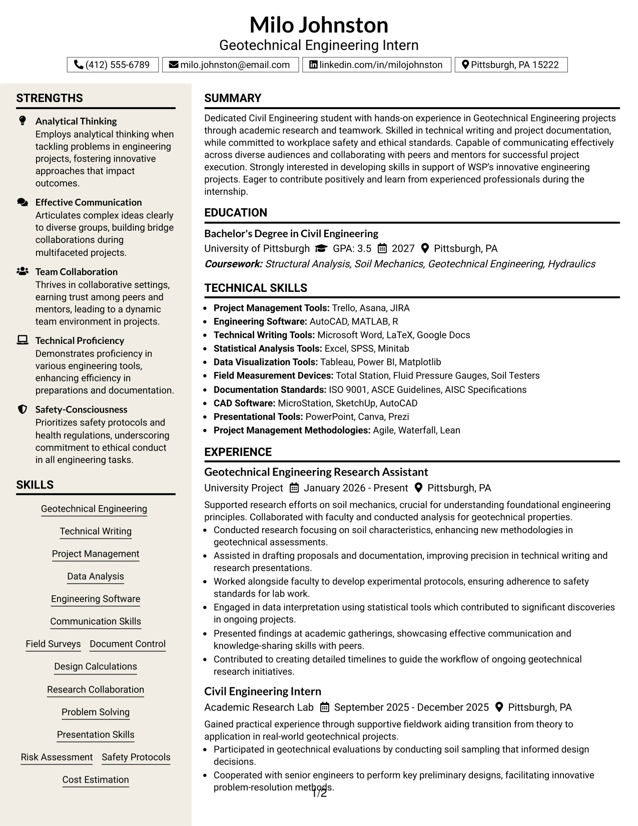 Resume Example Page 1