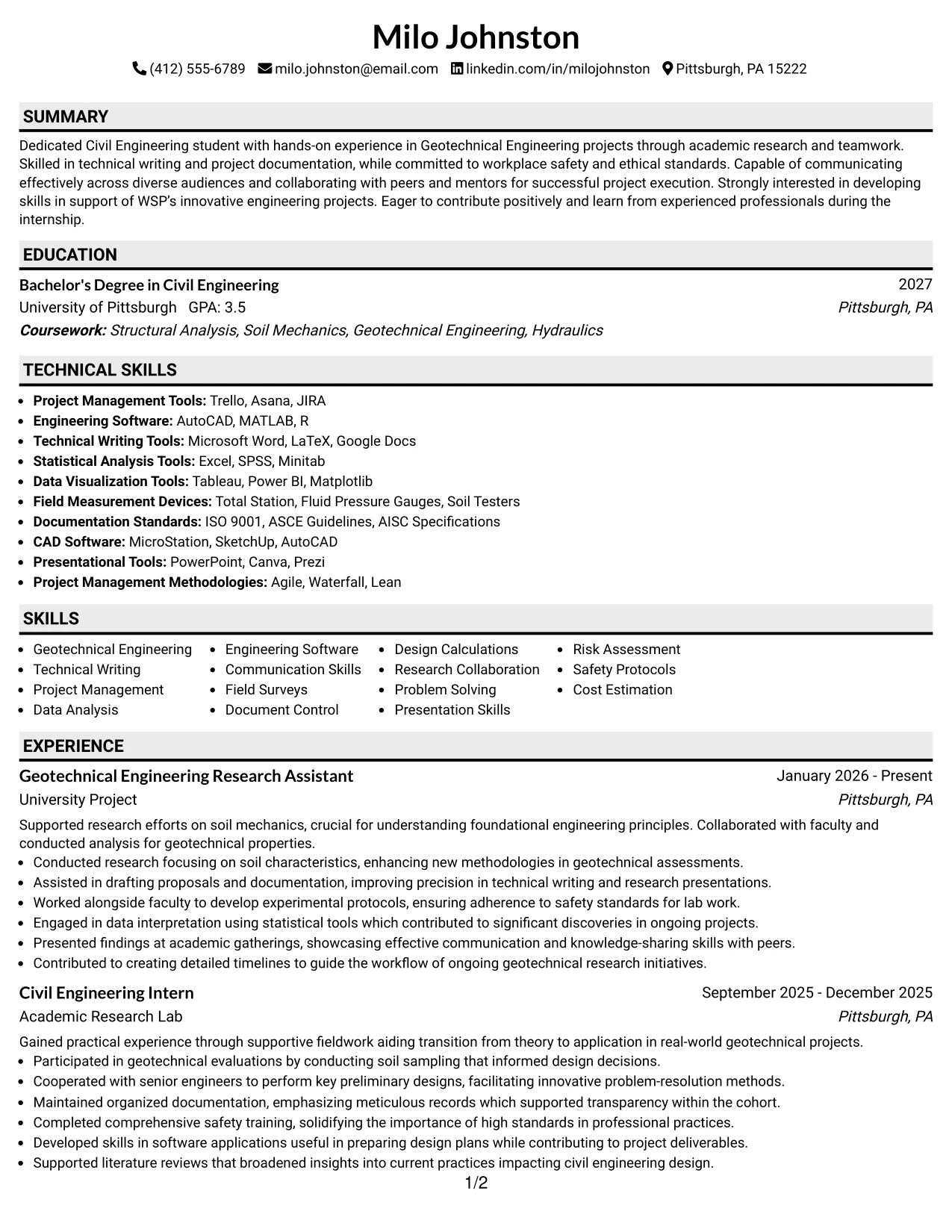 Resume Example Page 1