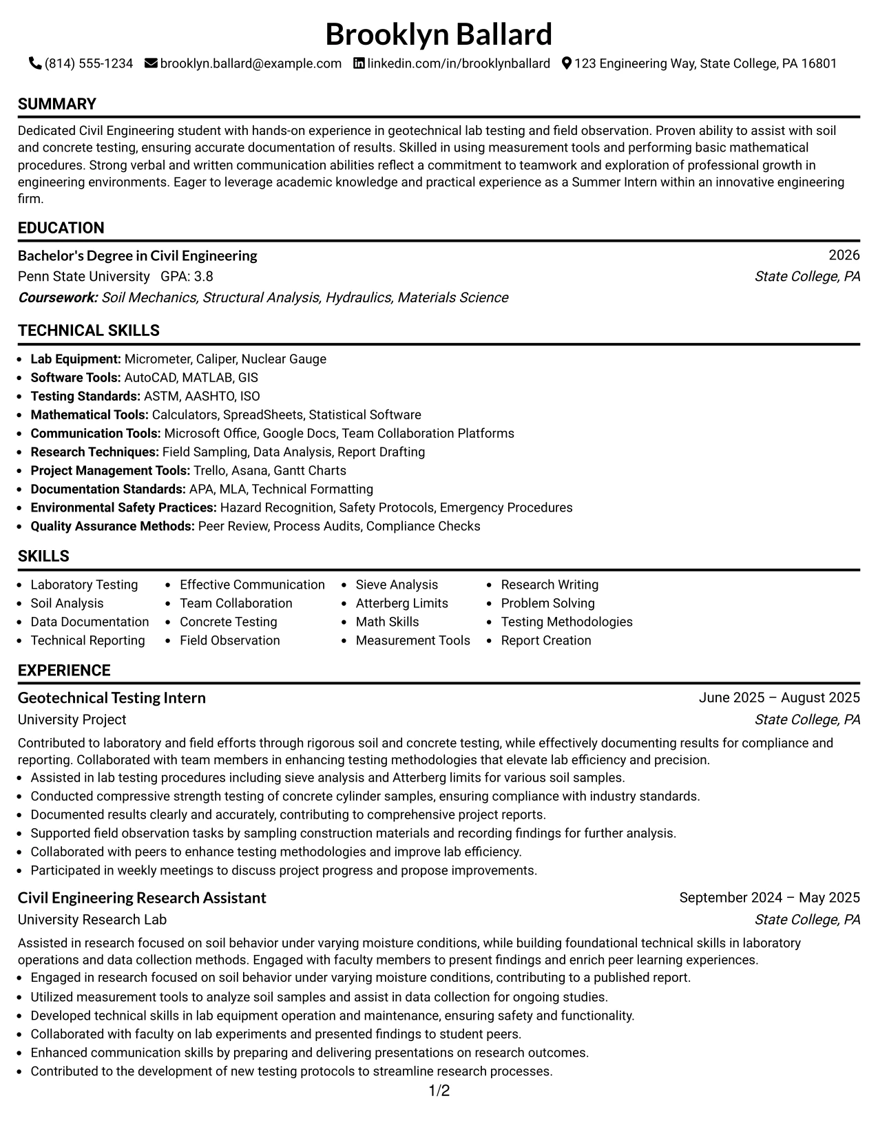 Resume Example Page 1
