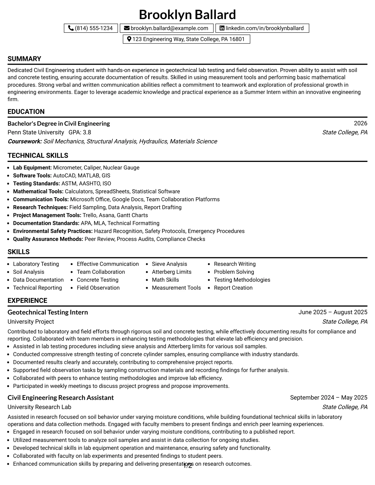 Resume Example Page 1