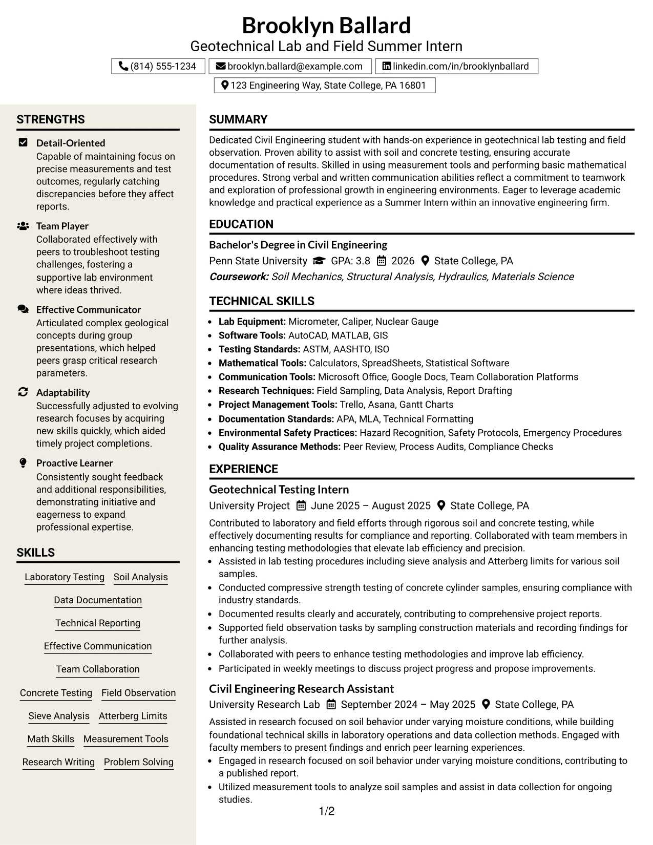 Resume Example Page 1