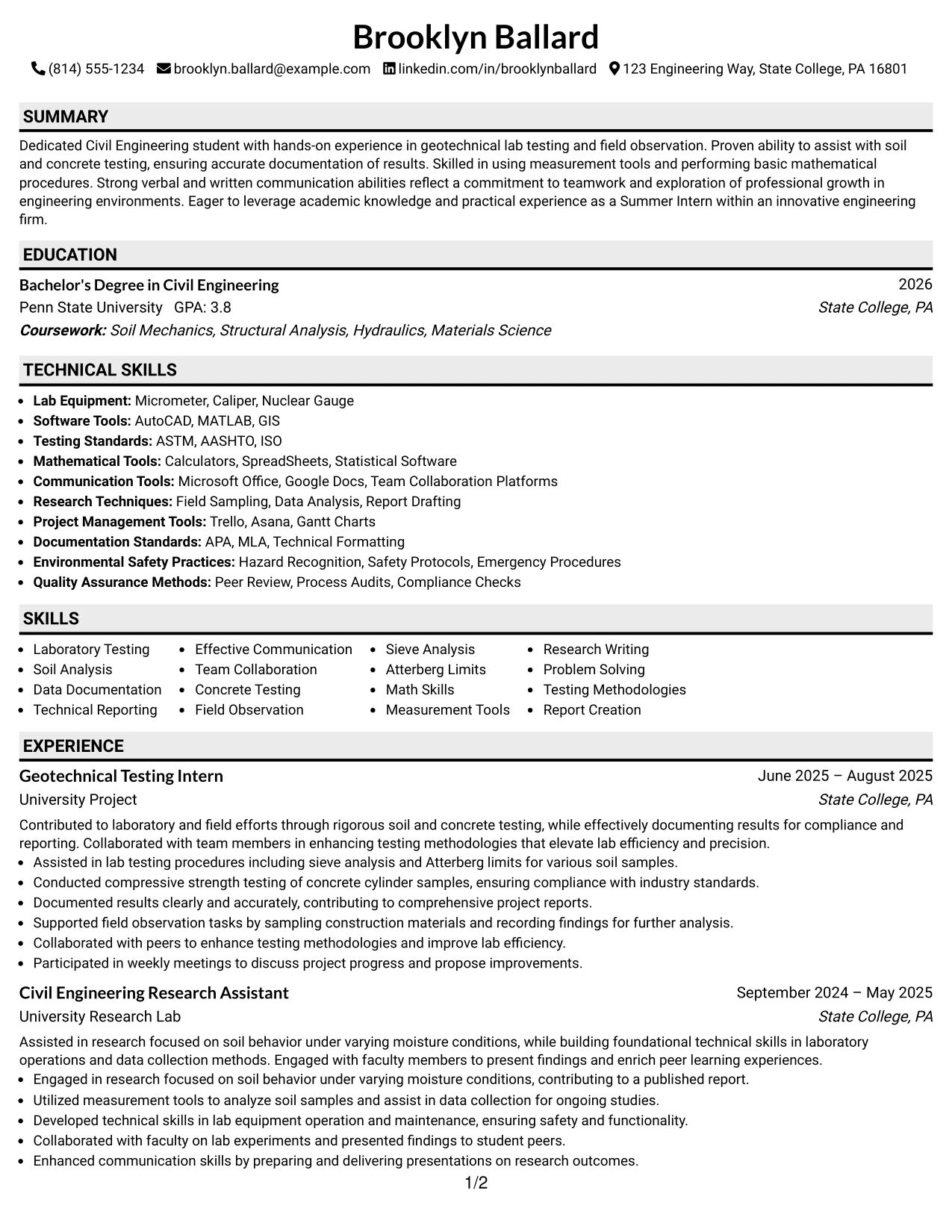 Resume Example Page 1