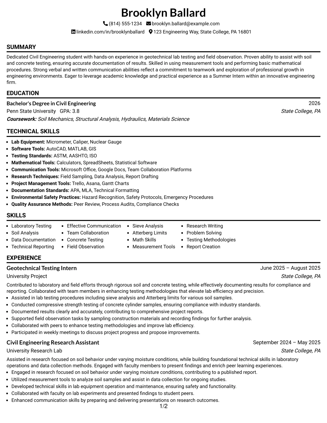 Resume Example Page 1