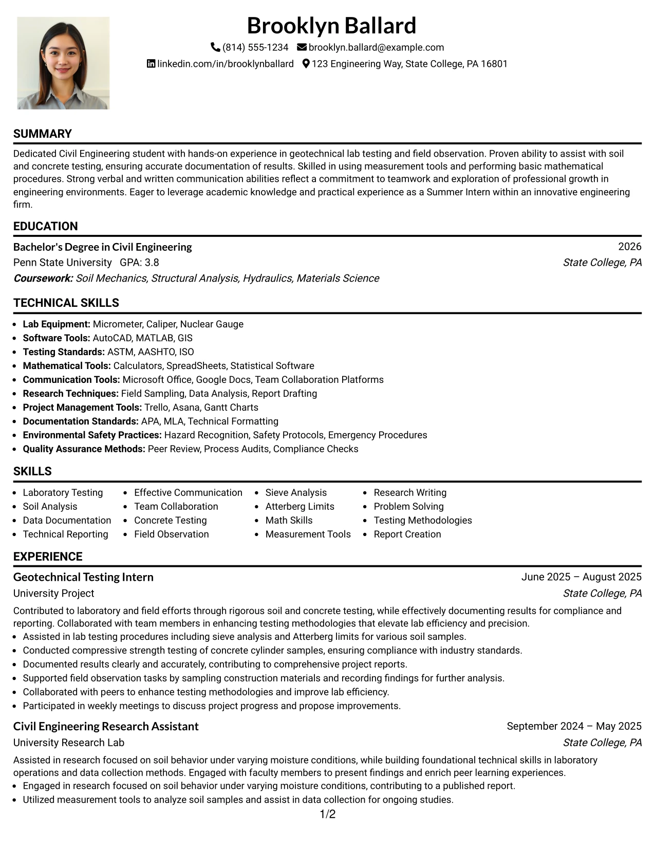 Resume Example Page 1