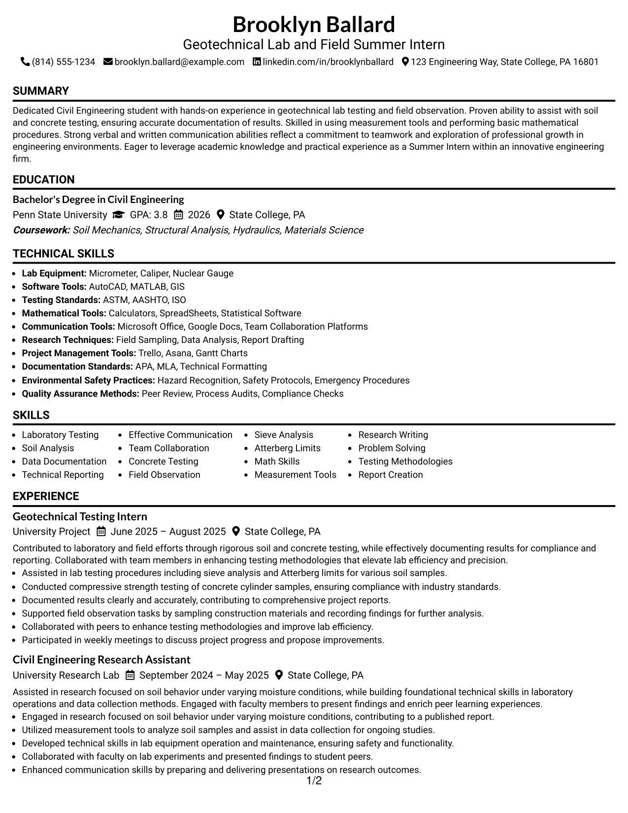 Resume Example Page 1