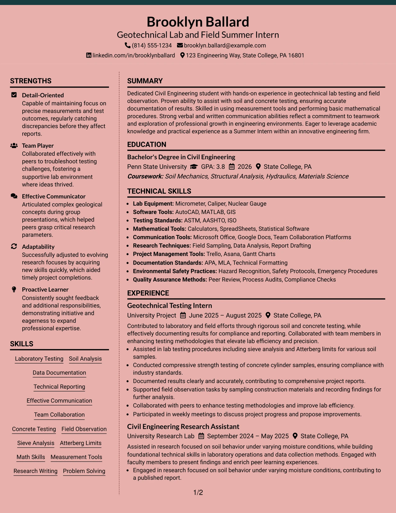 Resume Example Page 1
