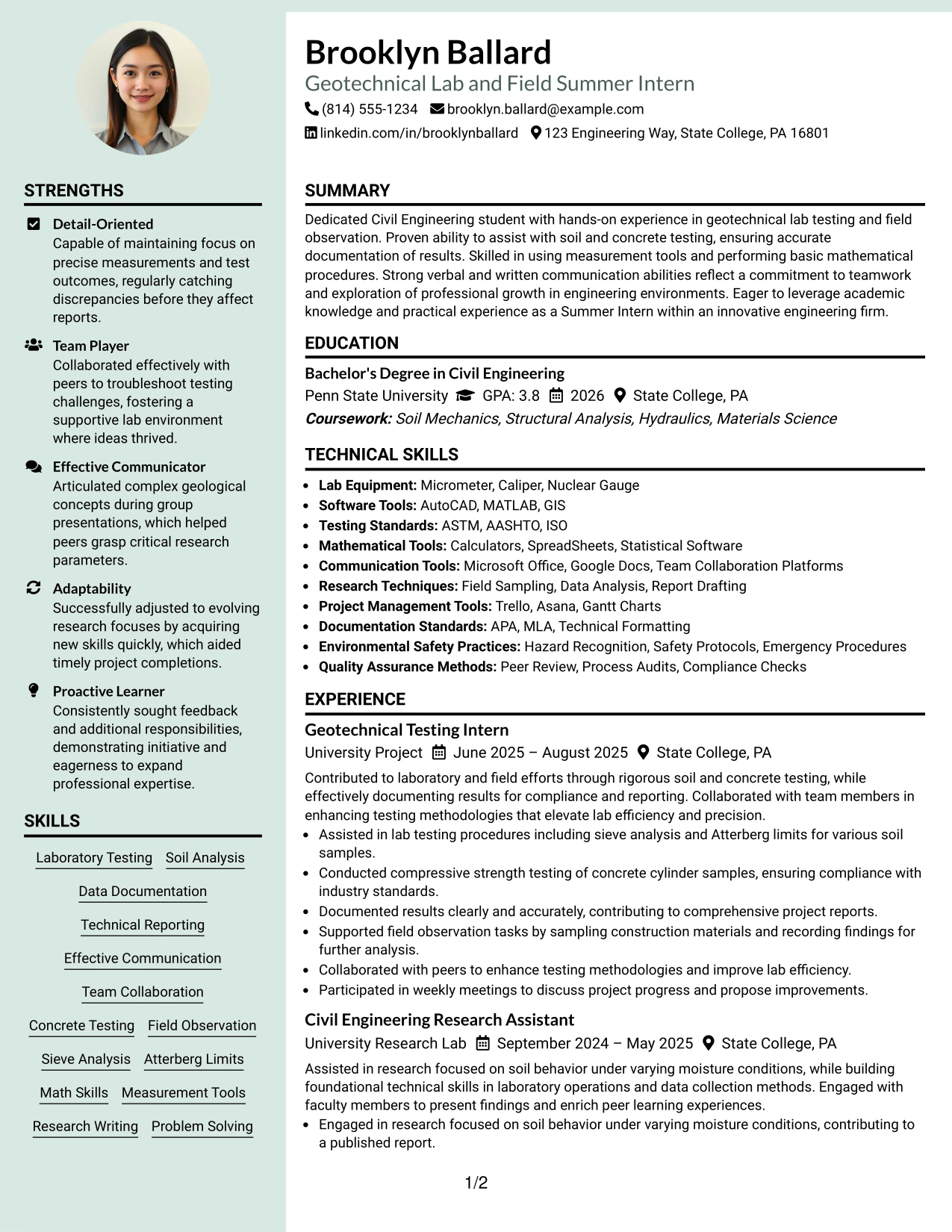Resume Example Page 1