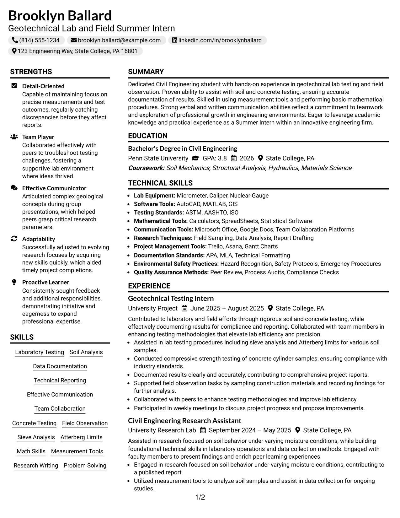 Resume Example Page 1