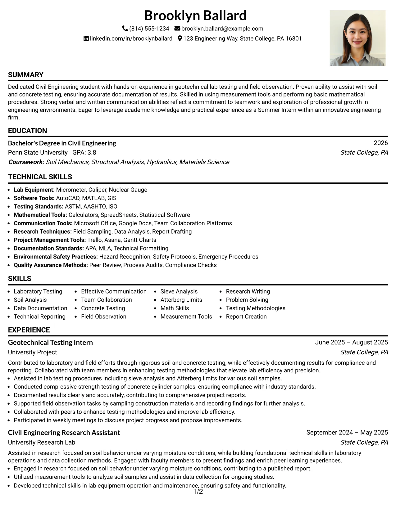 Resume Example Page 1