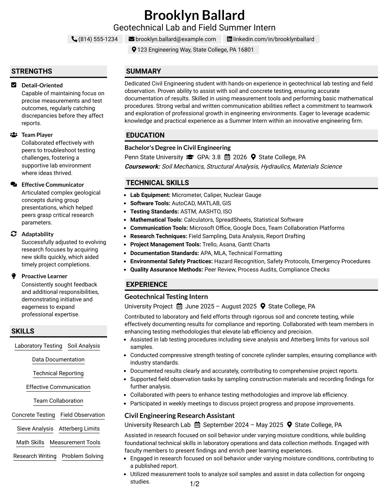 Resume Example Page 1