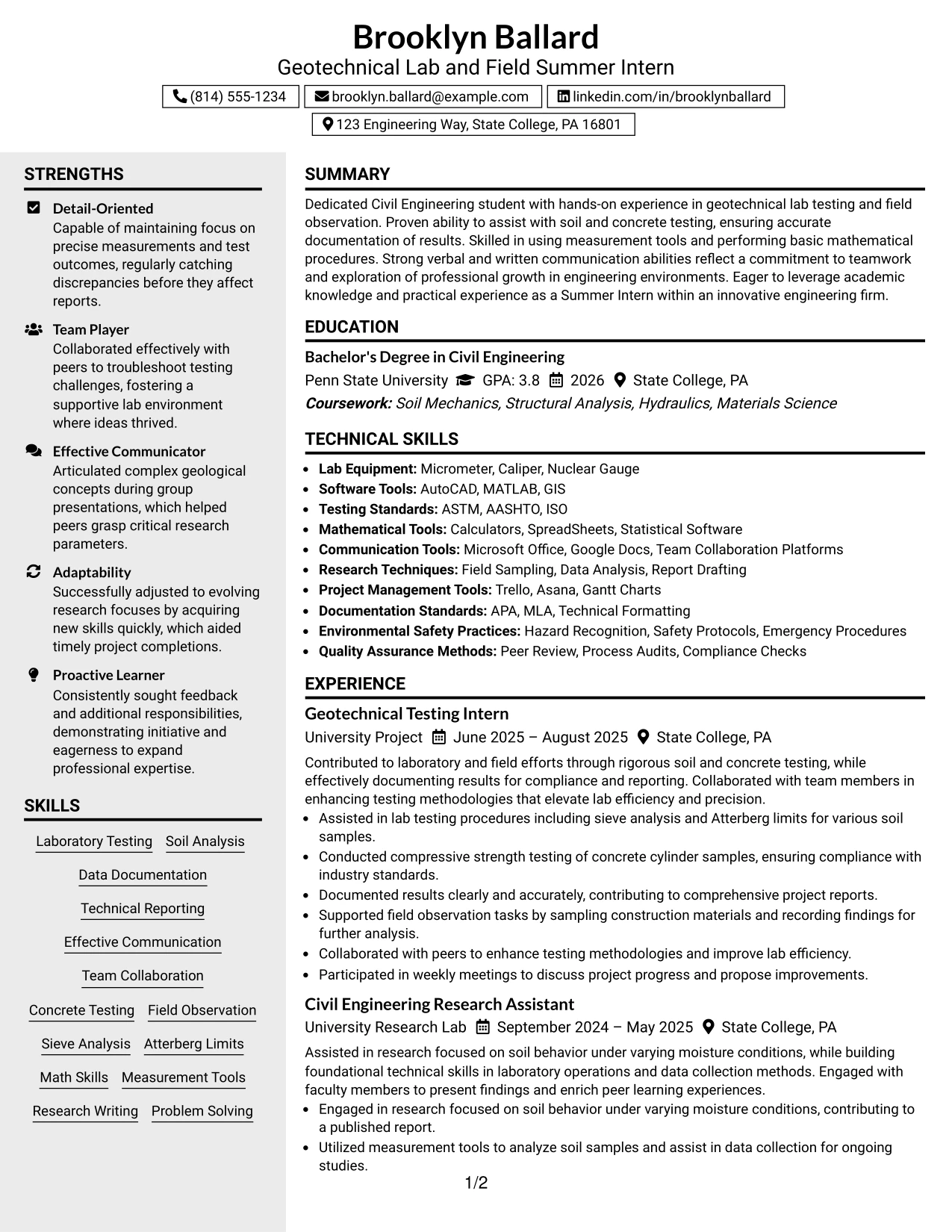 Resume Example Page 1