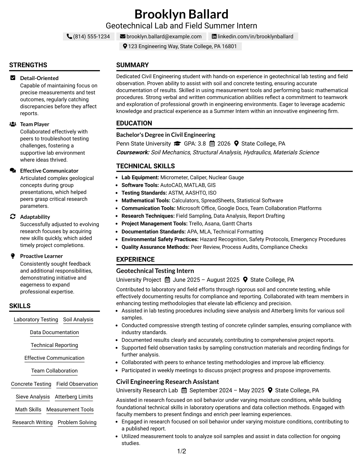 Resume Example Page 1